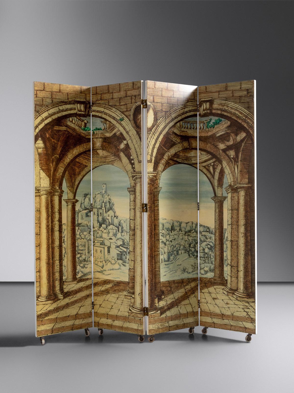 Wood Rare trompe l’oeil Angolo di Spogliatoio' Folding Screen by Piero Fornasetti