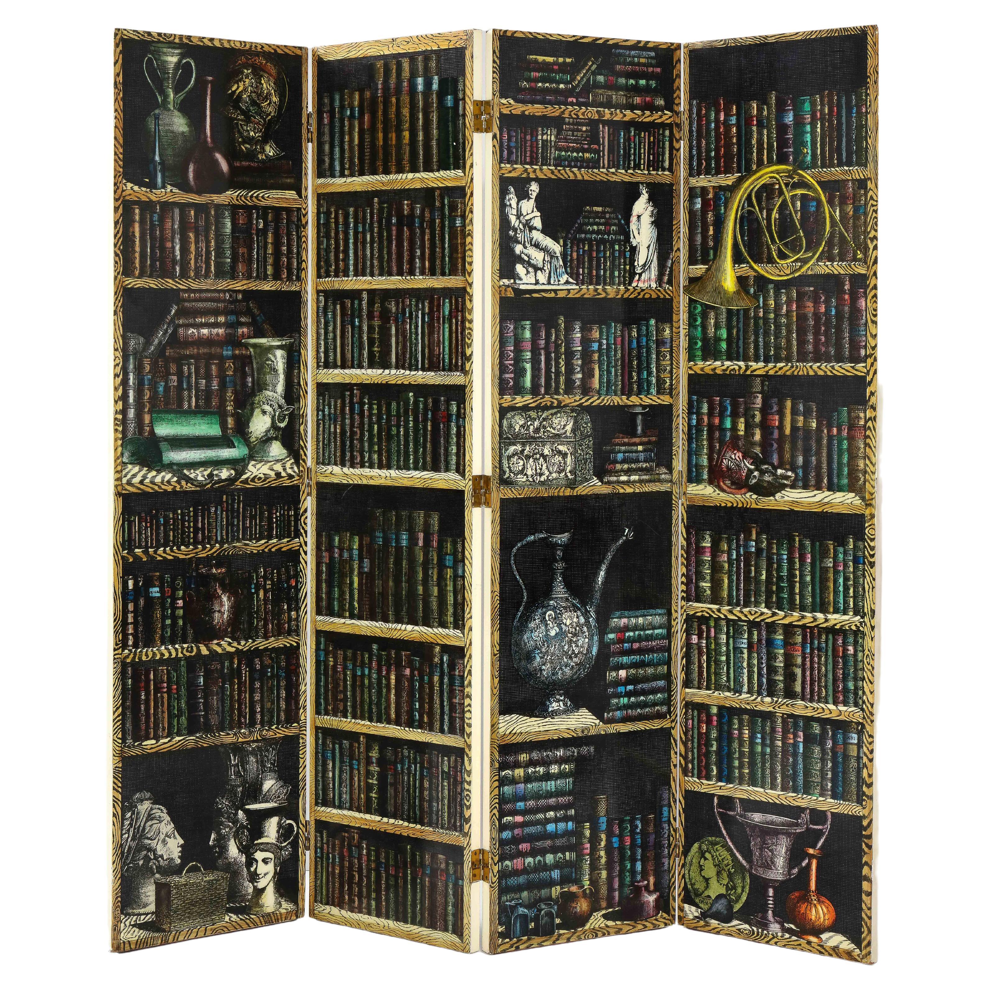 Rare Trompe L’oeil “Libreria” Four-Panel Folding Screen by Piero Fornasetti