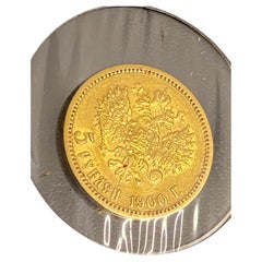Rare Tsar Nicholas II Empire 5 Rubles (Roubles) .900 Gold Coin c1900 UNC