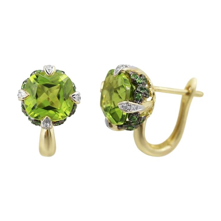 Rare Tsavorite Chrysolite Diamond Yellow Gold Earrings For Sale