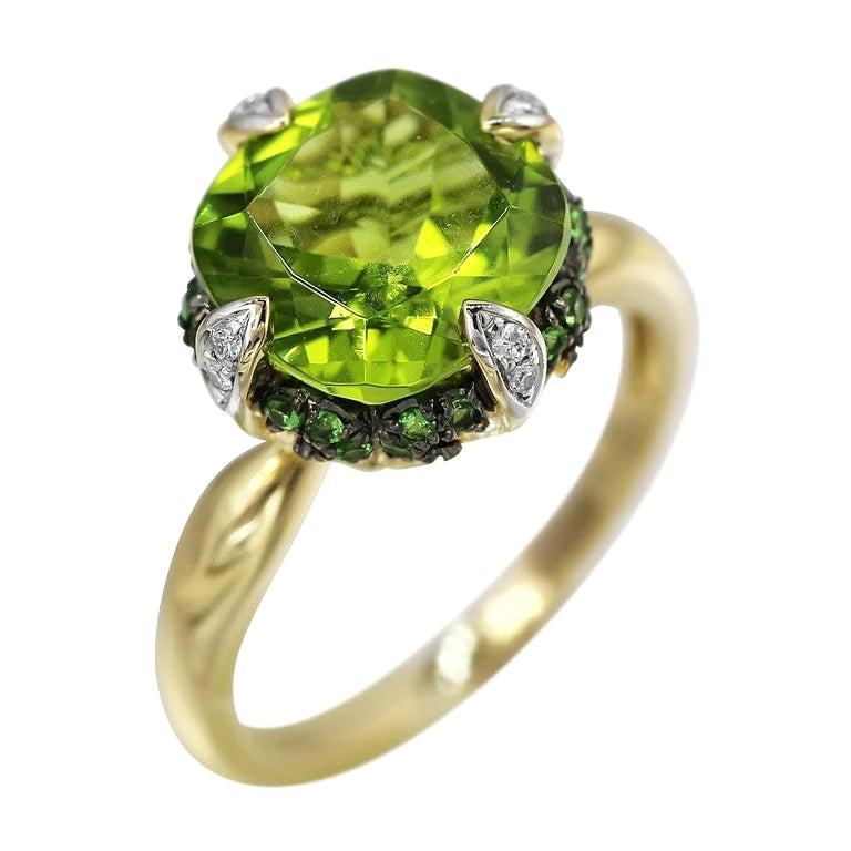 Rare bague de fiançailles d'origine rare en or jaune avec tsavorite, chrysolite et diamant