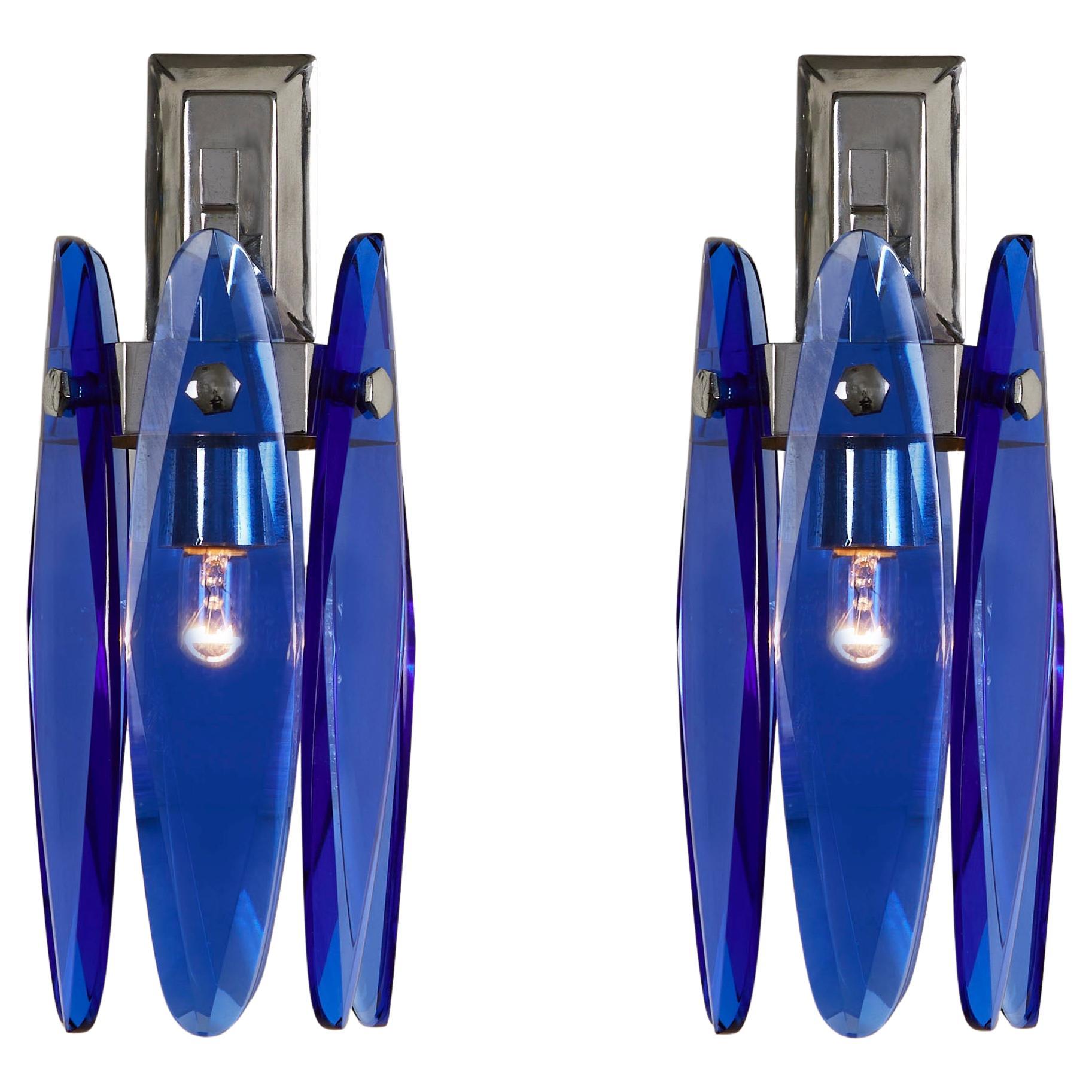 Raros apliques tulipa de Murano de Veca Milano en azul cobalto y cromo, Italia, años 70 en venta