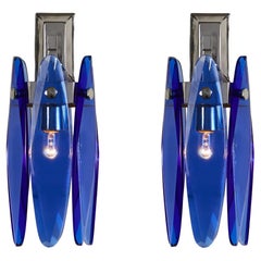 Rare tulip Murano sconces by Veca Milano in Cobalt blue and chrome, Italy, 1970s