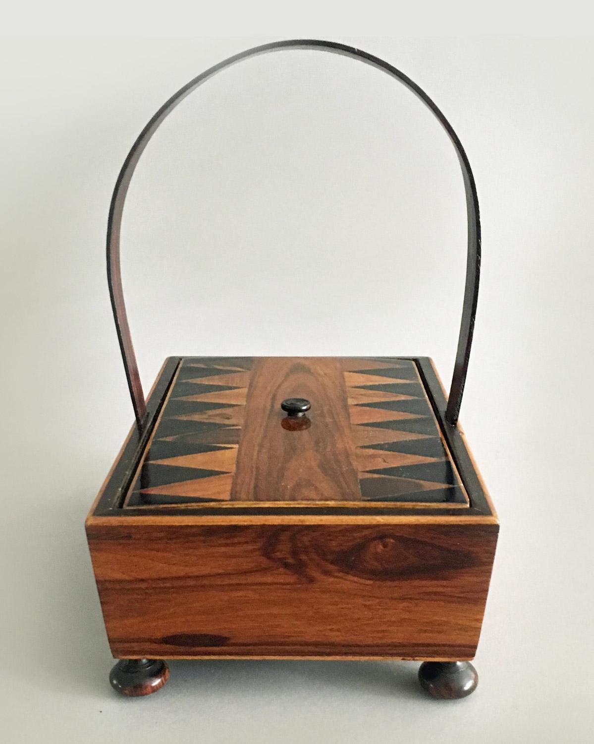 English Rare Tunbridgeware Rosewood Sewing Box with Hoop Handle For Sale