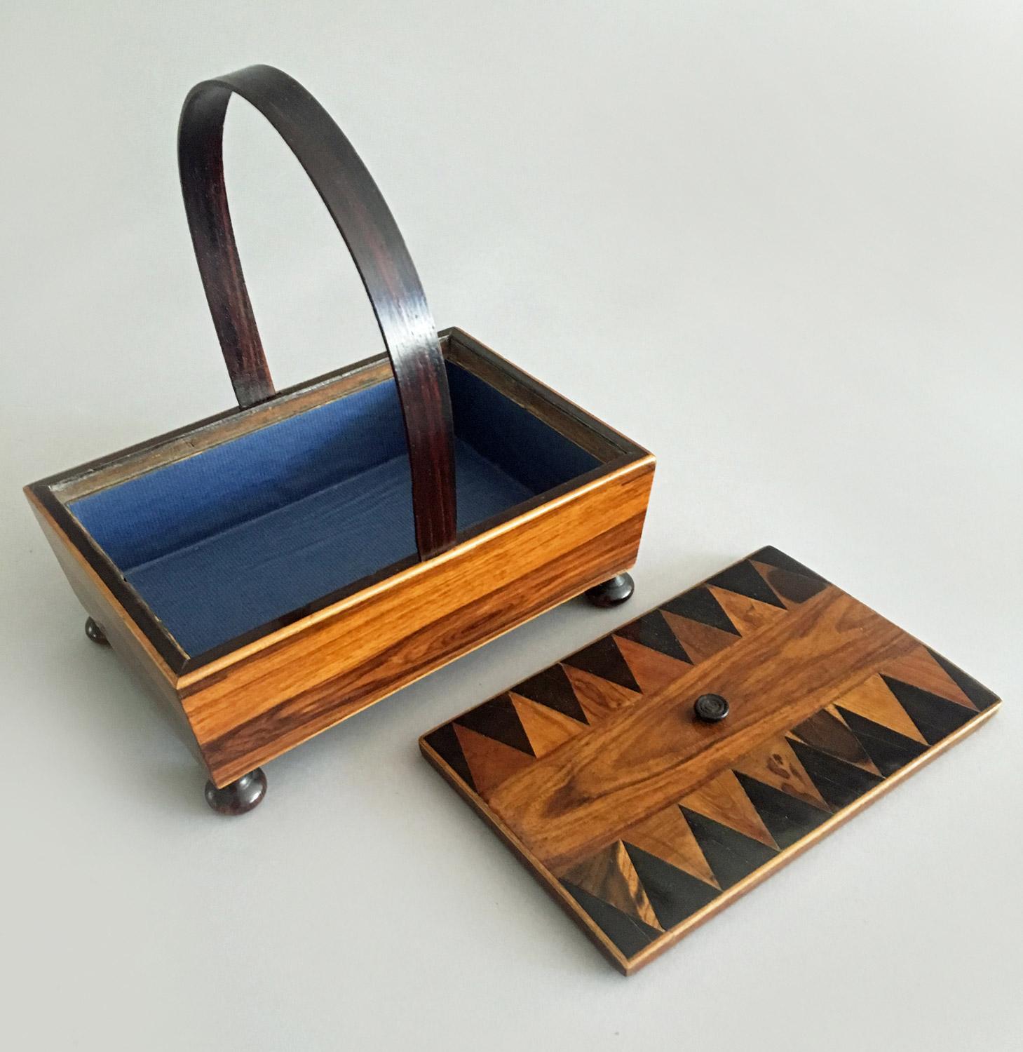 Rare Tunbridgeware Rosewood Sewing Box with Hoop Handle For Sale 1