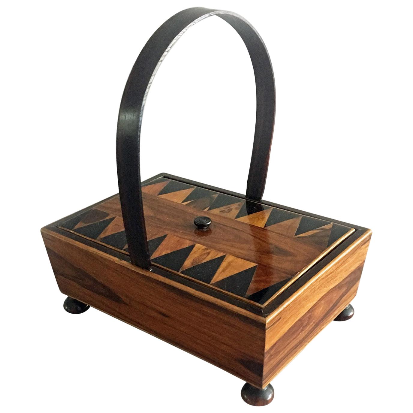 Rare Tunbridgeware Rosewood Sewing Box with Hoop Handle For Sale
