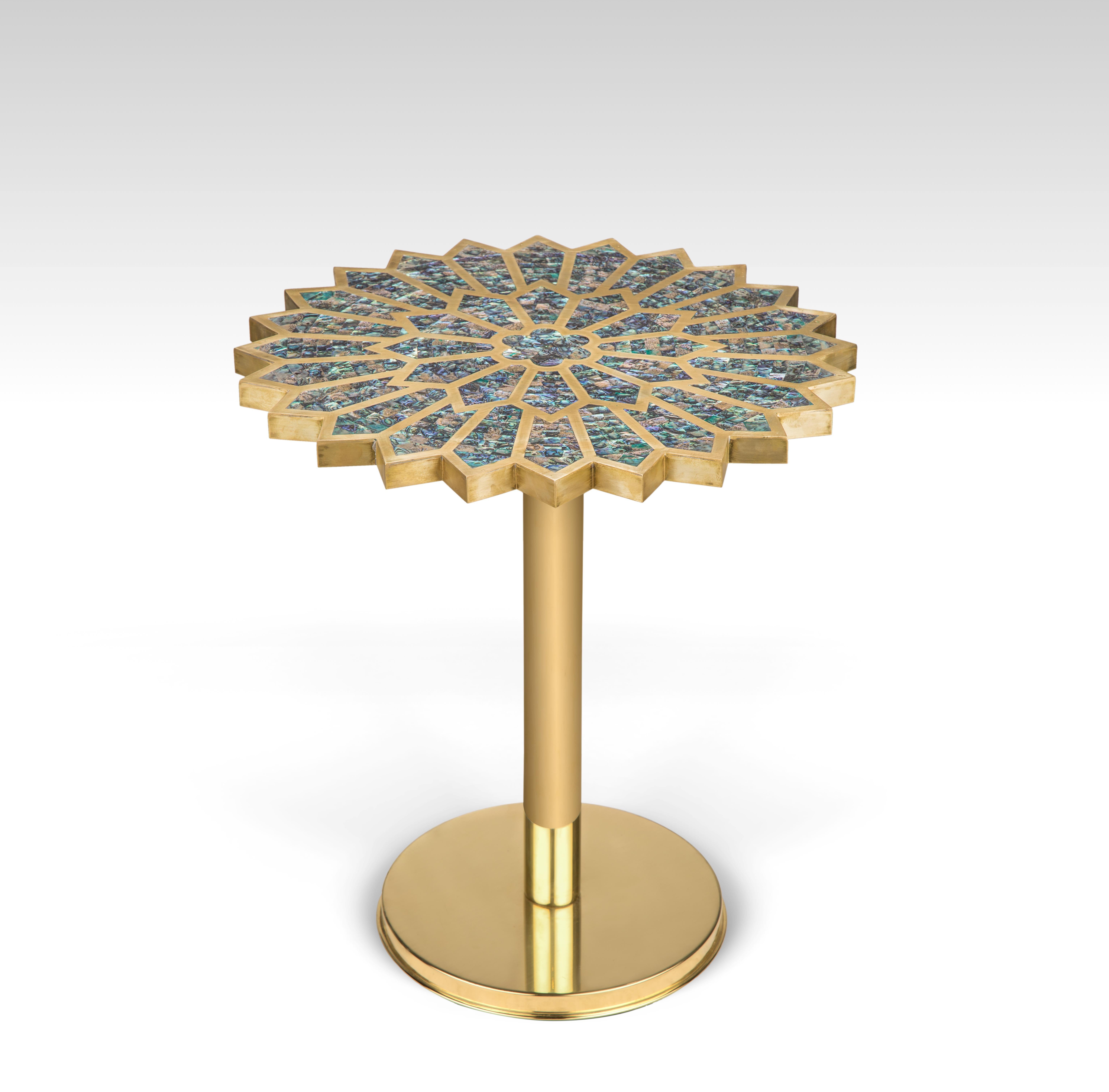 Rare Turquoise Mother-of-Pearl Side Table Handcrafted into a Flower Brass Frame. 
Our Unique Turquoise handcrafted side table will never fail to impress you with its amazingly innovative design! It is made from beautiful rare turquoise