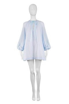 Rare Twiggy Label Sky Blue Cotton Striped Vintage Mini Mod Trapeze Dress, 1960s
