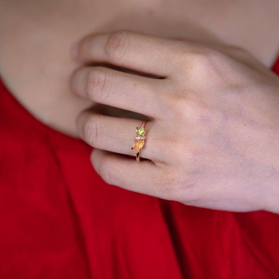 Arts and Crafts Rare Two-Color Fire Opal Diamond Engagement Ring 18K Yellow Gold For Sale