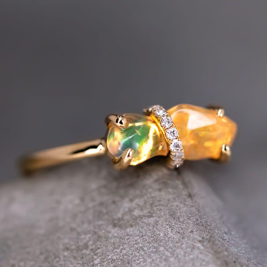 Brilliant Cut Rare Two-Color Fire Opal Diamond Engagement Ring 18K Yellow Gold For Sale