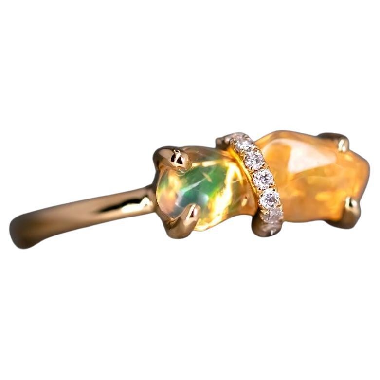 Rare Two-Color Fire Opal Diamond Engagement Ring 18K Yellow Gold For Sale