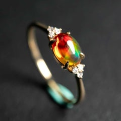 Rare Two-Color Fire Opal Diamond Engagement Ring Solid 14K Yellow Gold