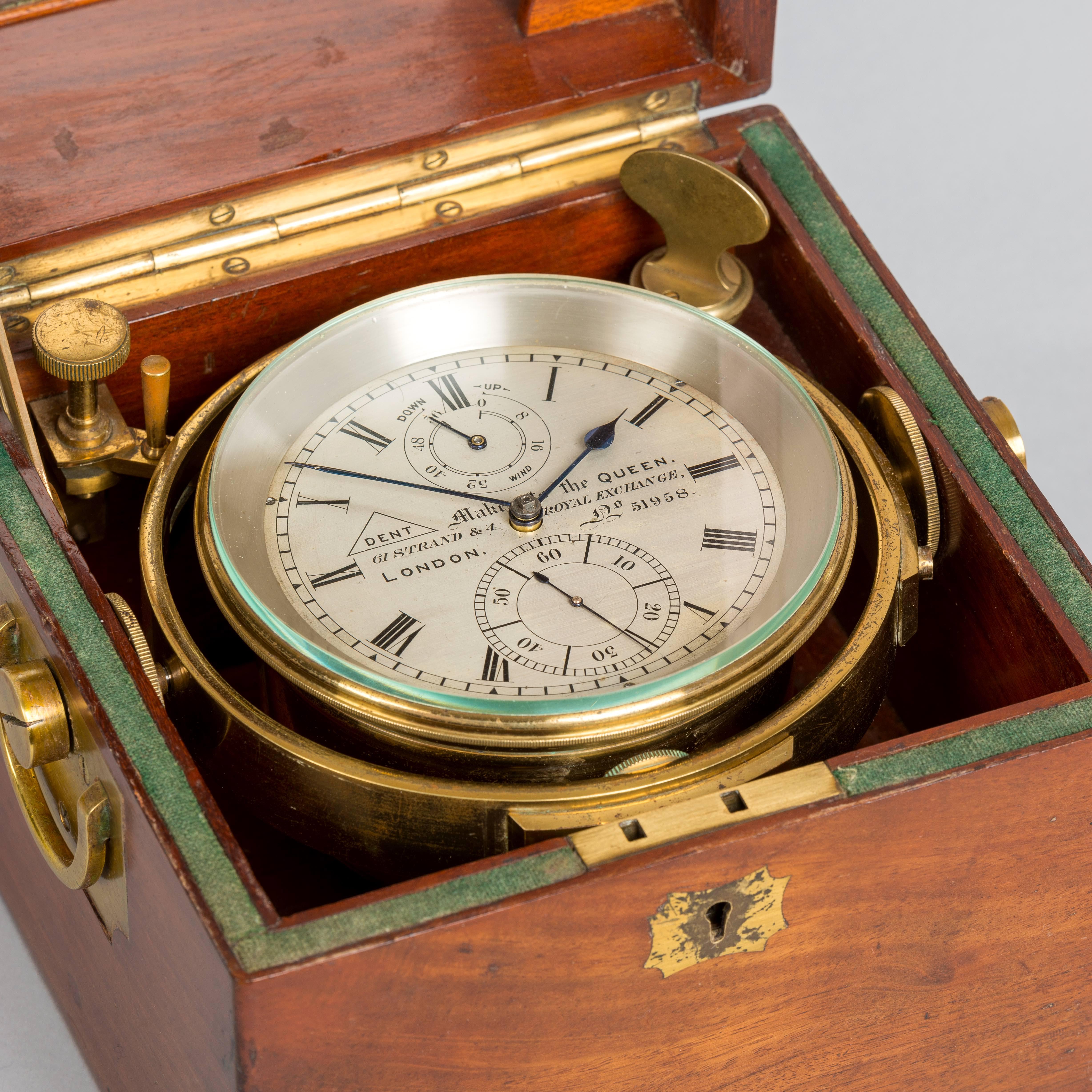 Edwardian Rare Mahogany Cased Two Day Marine Chronometer by Dent of London No.51958