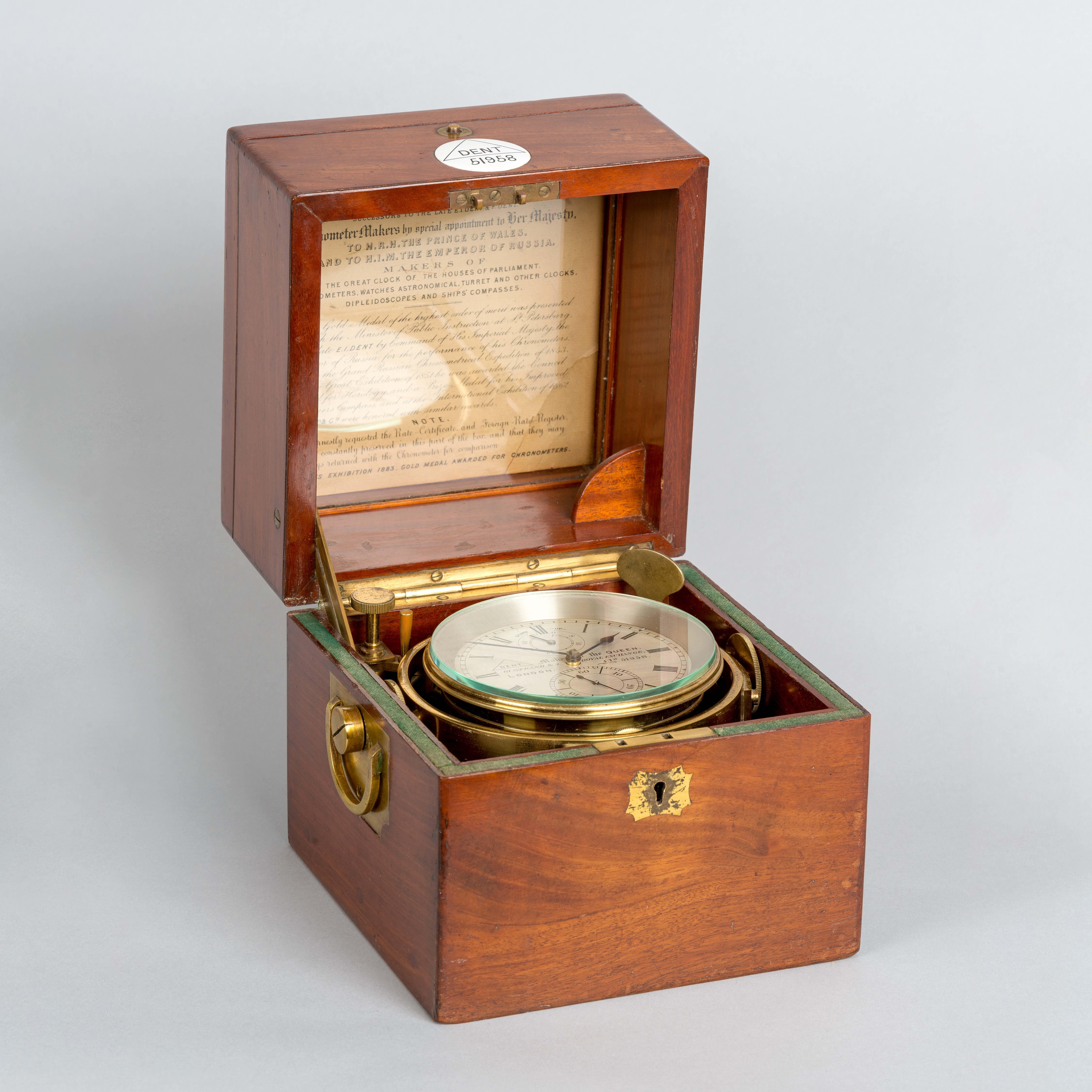 Early 20th Century Rare Mahogany Cased Two Day Marine Chronometer by Dent of London No.51958