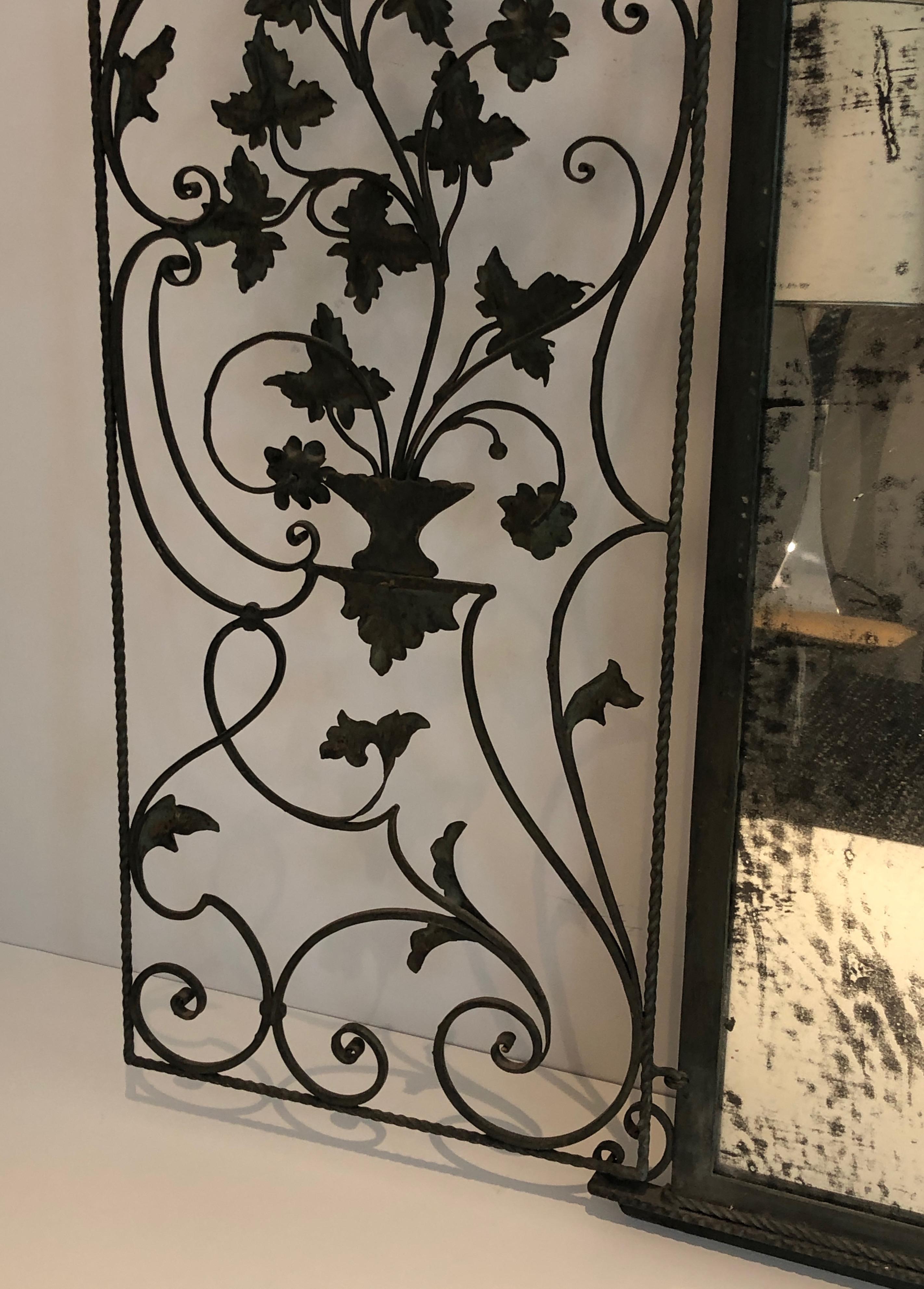 Rare Two Opening Panels Wrought Iron Mirror with Leaves and Scrolls, French 6