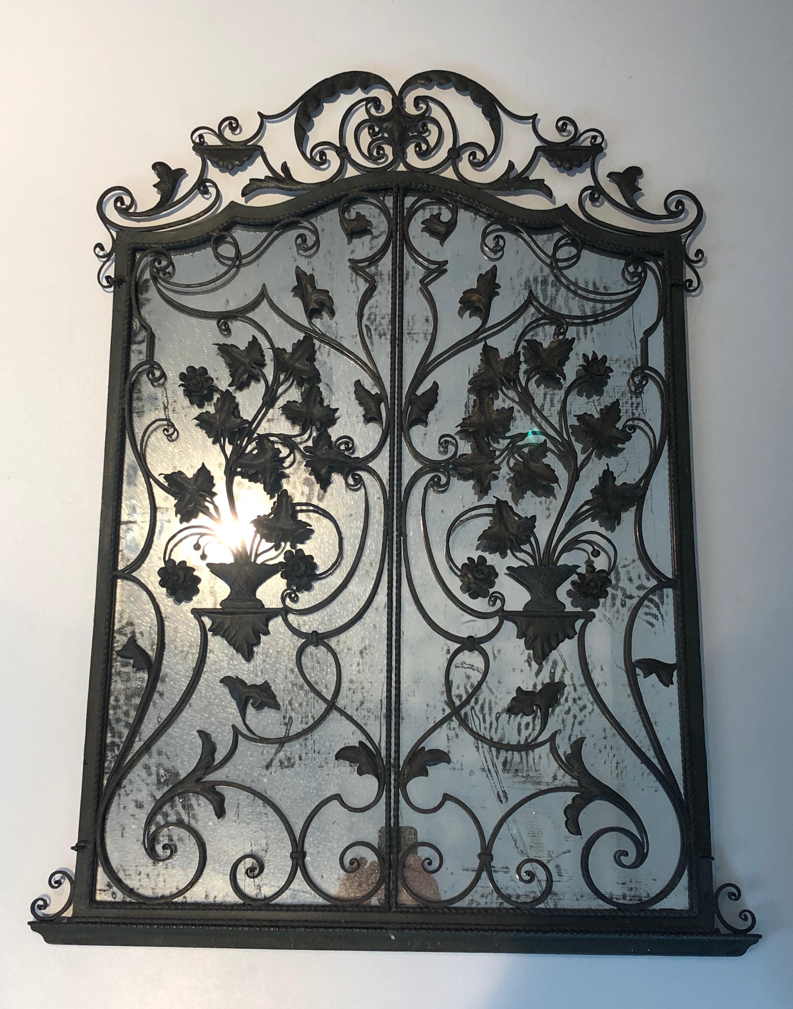 Rare Two Opening Panels Wrought Iron Mirror with Leaves and Scrolls, French 7