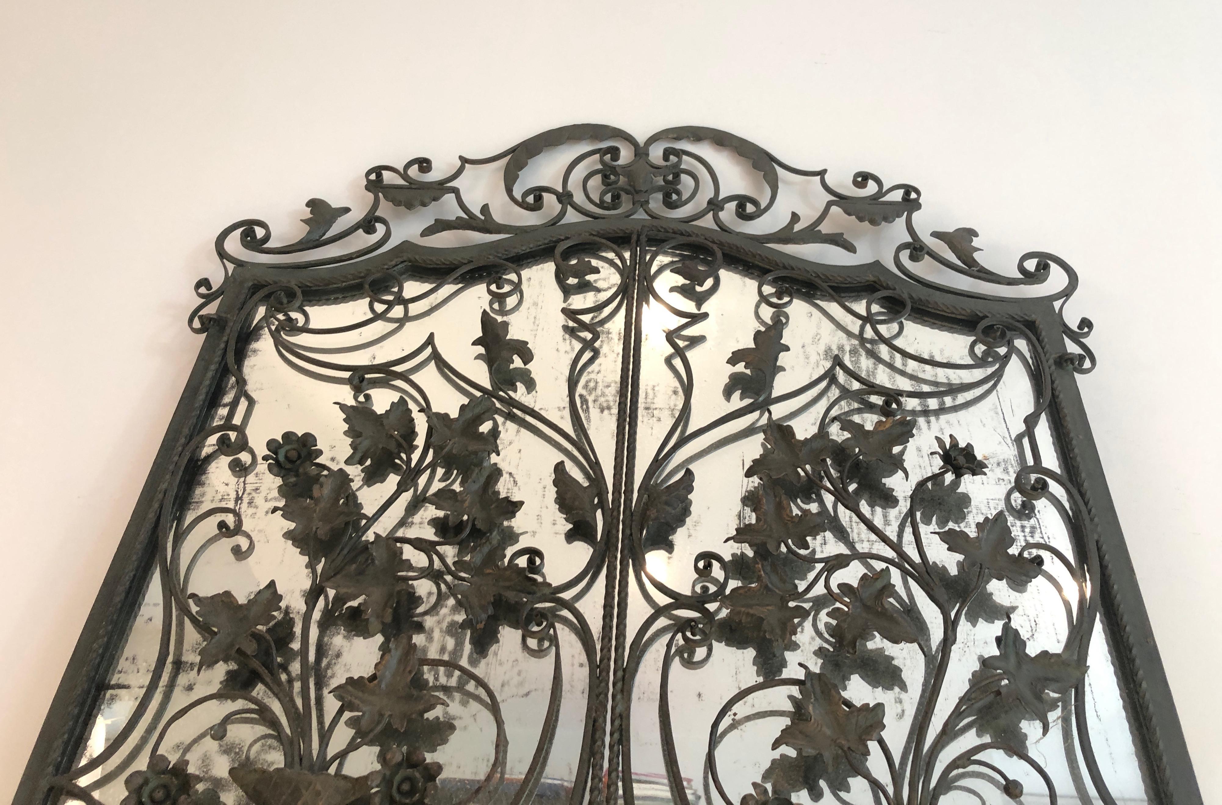 Rare Two Opening Panels Wrought Iron Mirror with Leaves and Scrolls, French 8