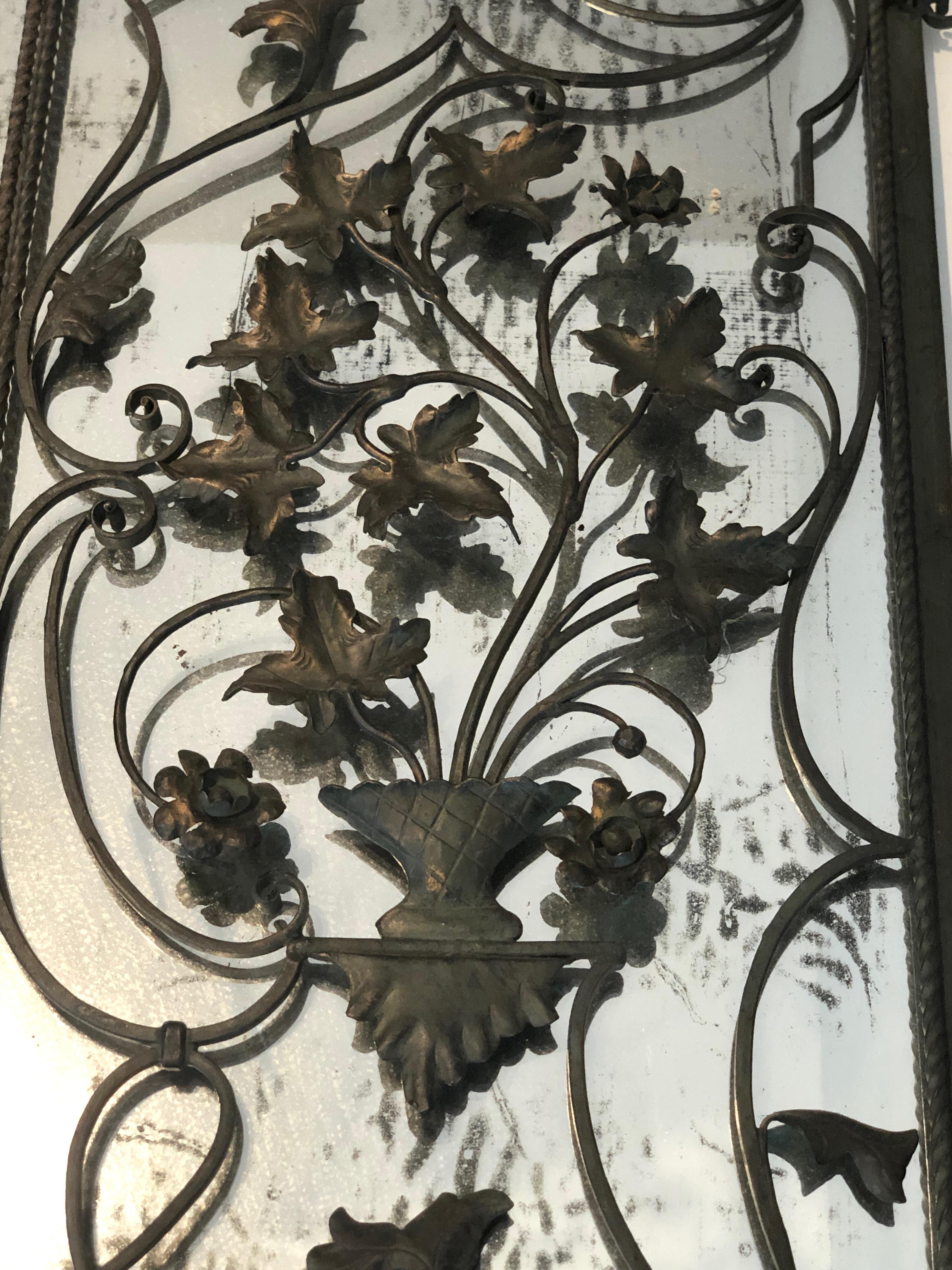 Rare Two Opening Panels Wrought Iron Mirror with Leaves and Scrolls, French 12