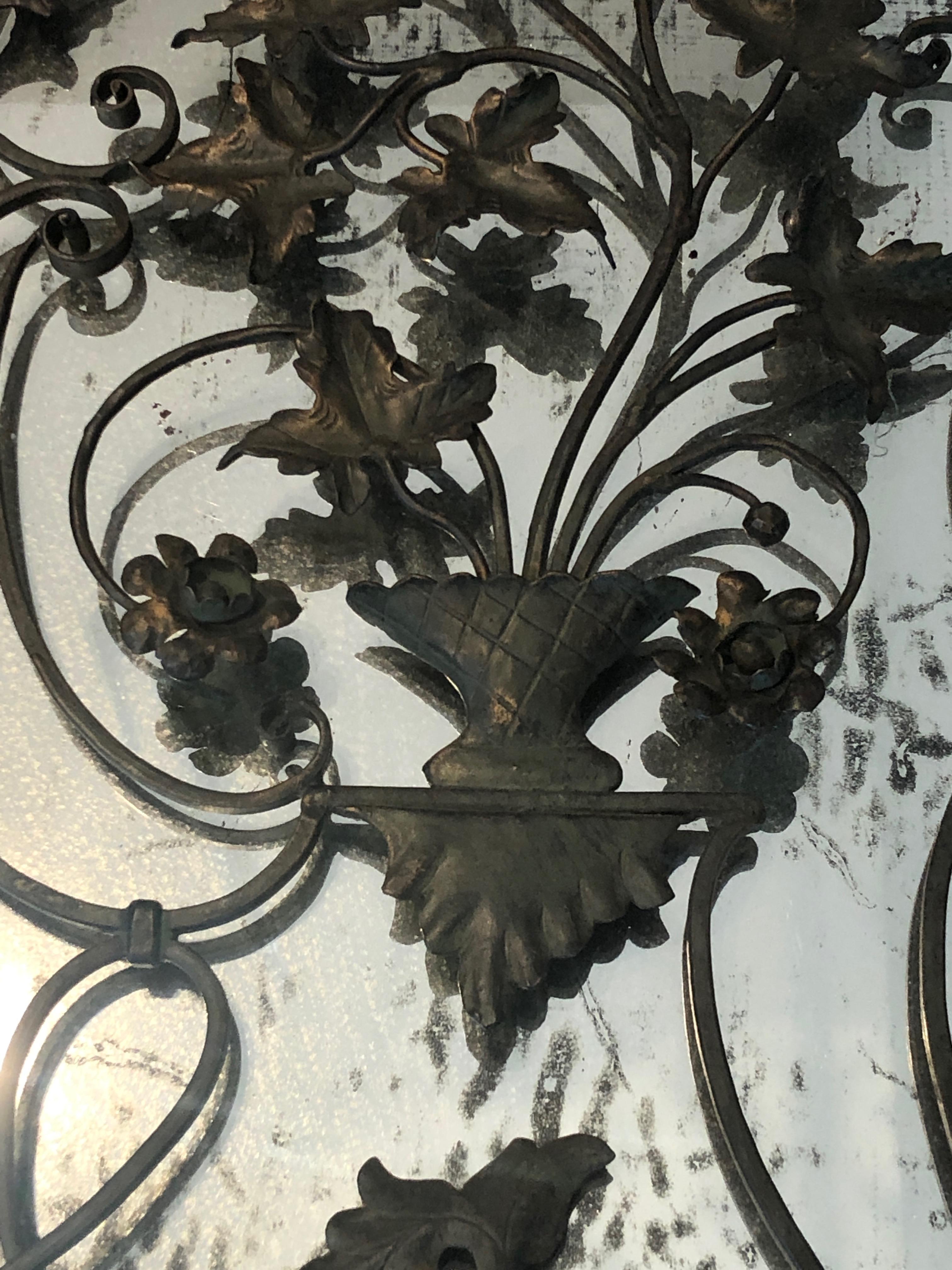 Rare Two Opening Panels Wrought Iron Mirror with Leaves and Scrolls, French 13