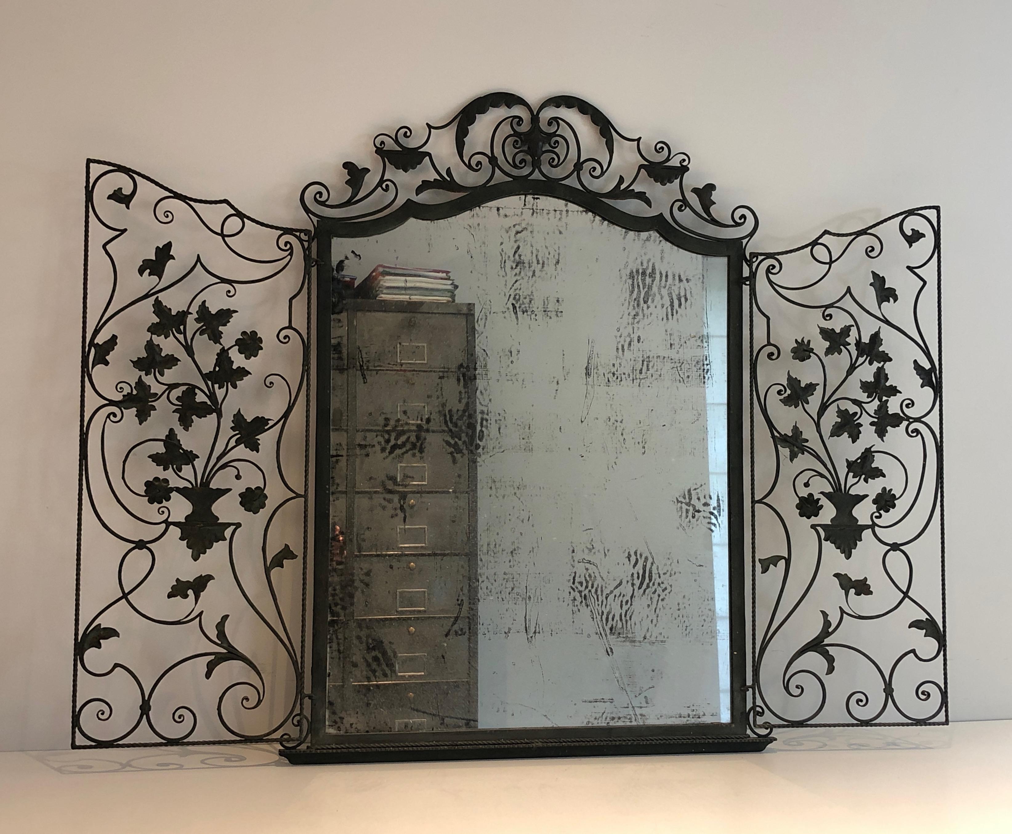 Rare Two Opening Panels Wrought Iron Mirror with Leaves and Scrolls, French 15