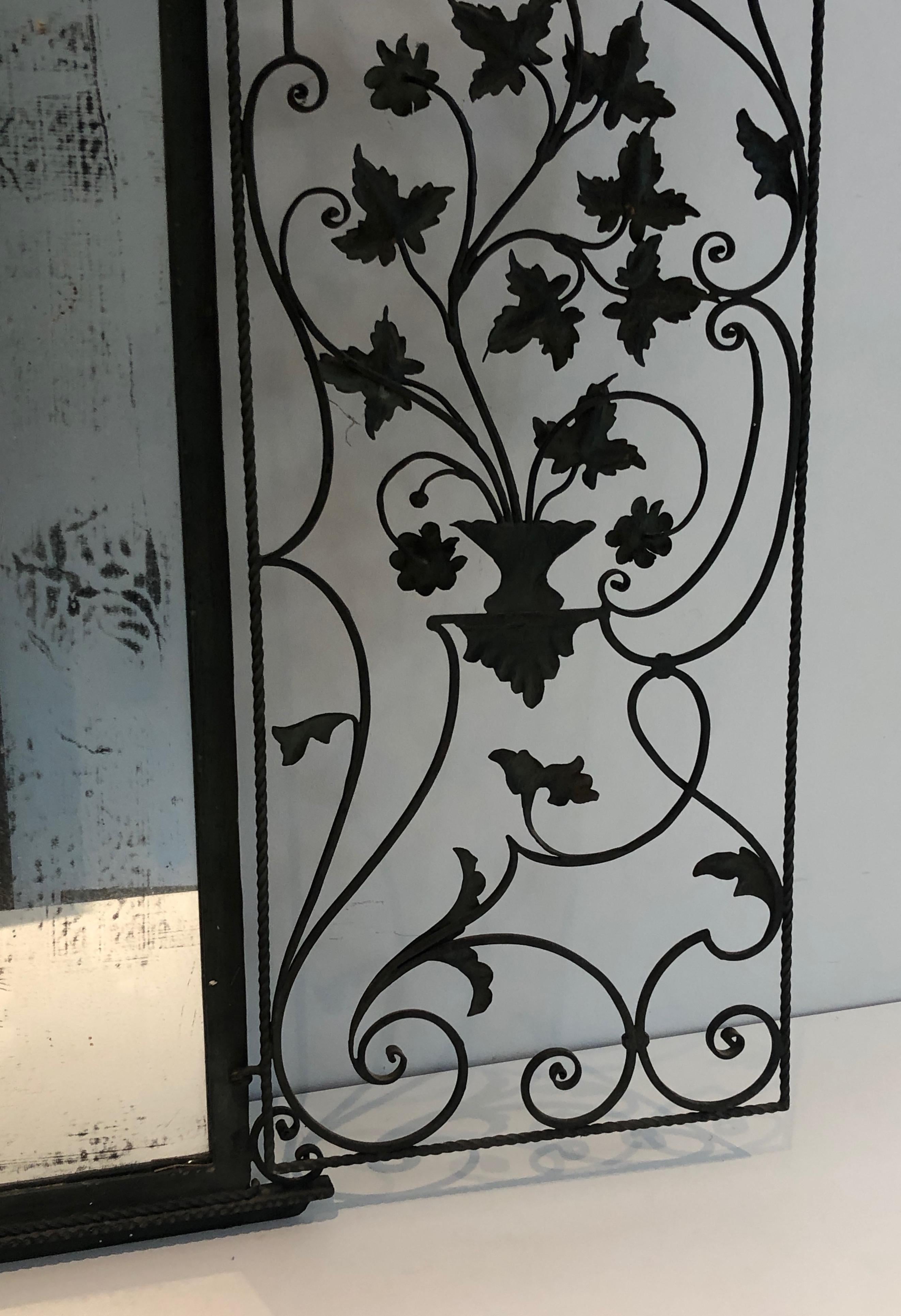 Mid-20th Century Rare Two Opening Panels Wrought Iron Mirror with Leaves and Scrolls, French