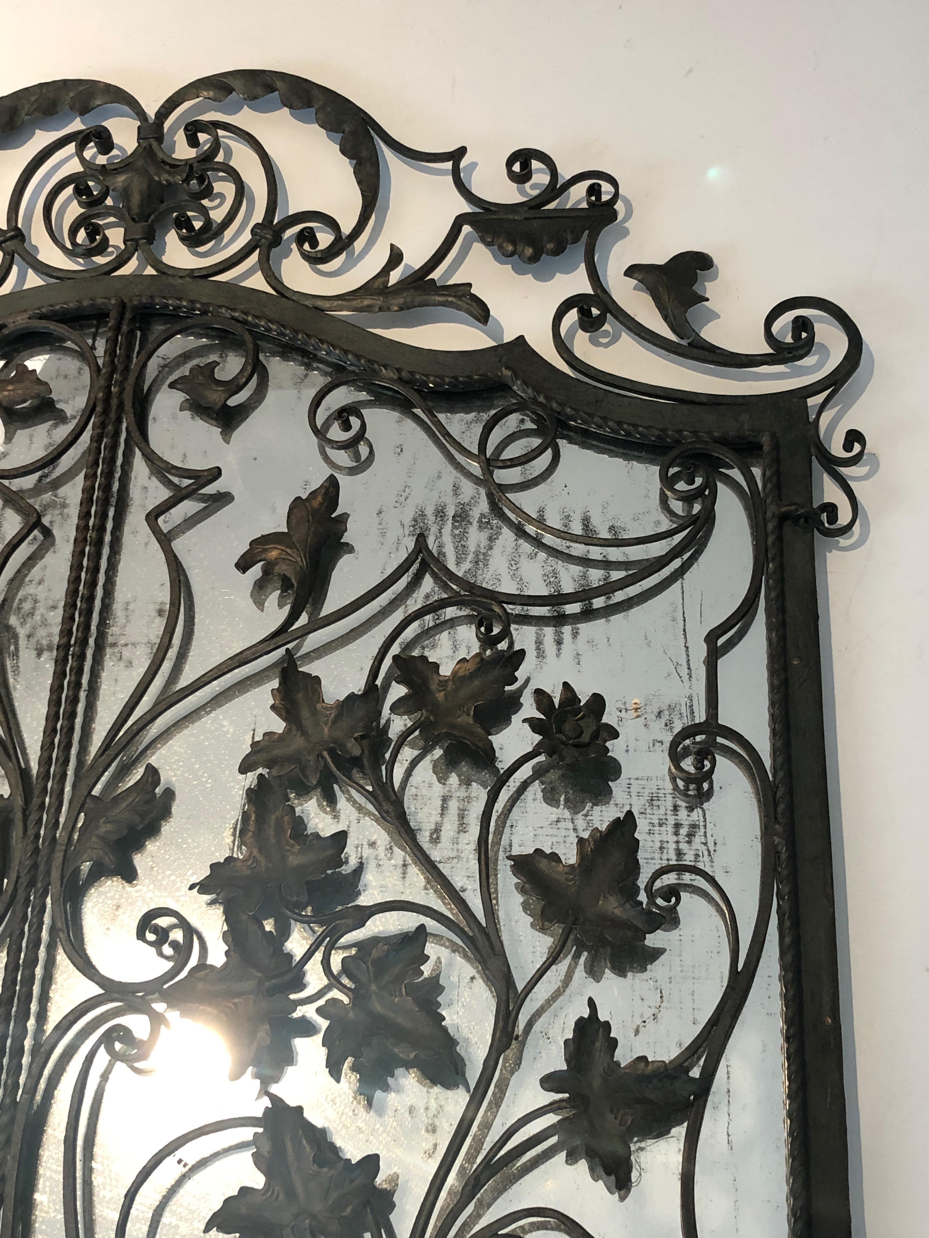 Rare Two Opening Panels Wrought Iron Mirror with Leaves and Scrolls, French 3