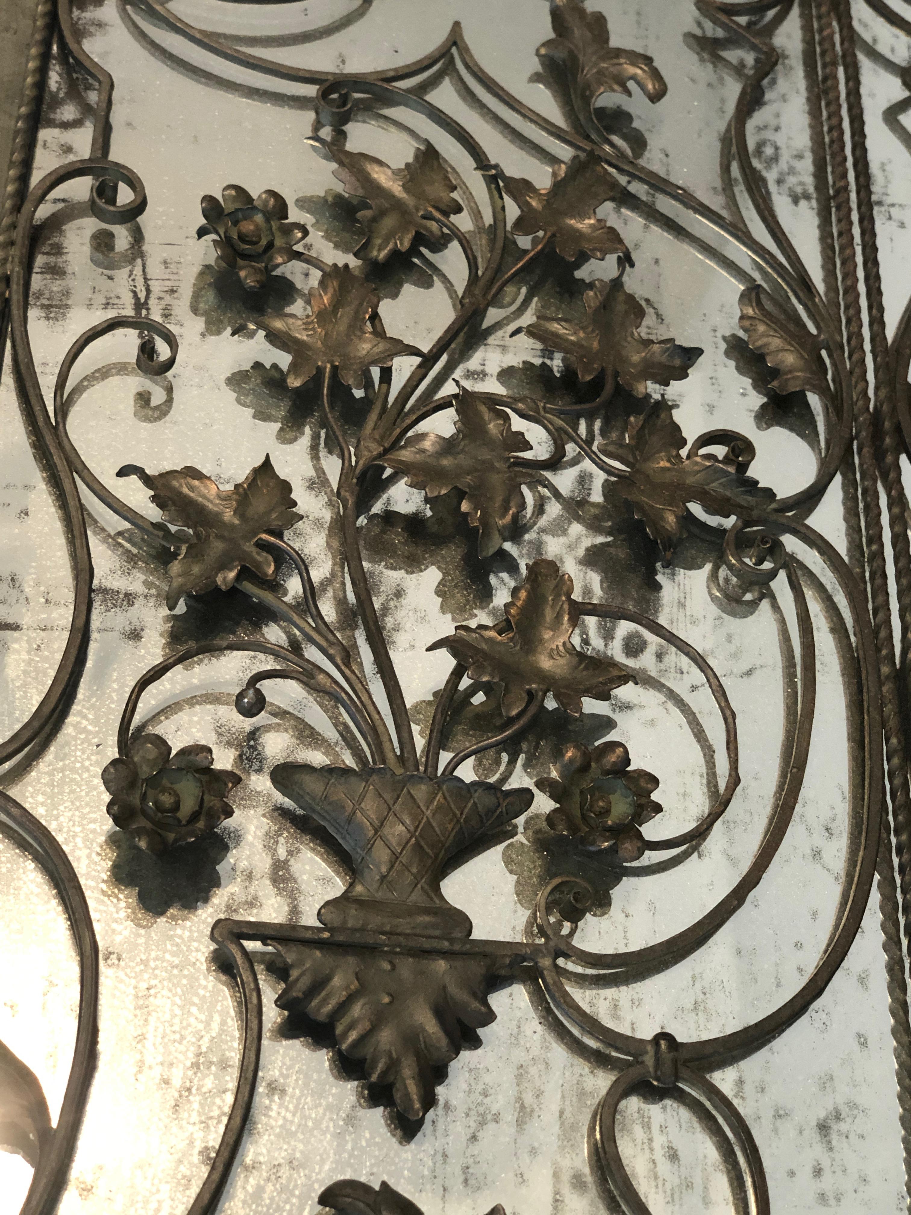 Rare Two Opening Panels Wrought Iron Mirror with Leaves and Scrolls, French 4