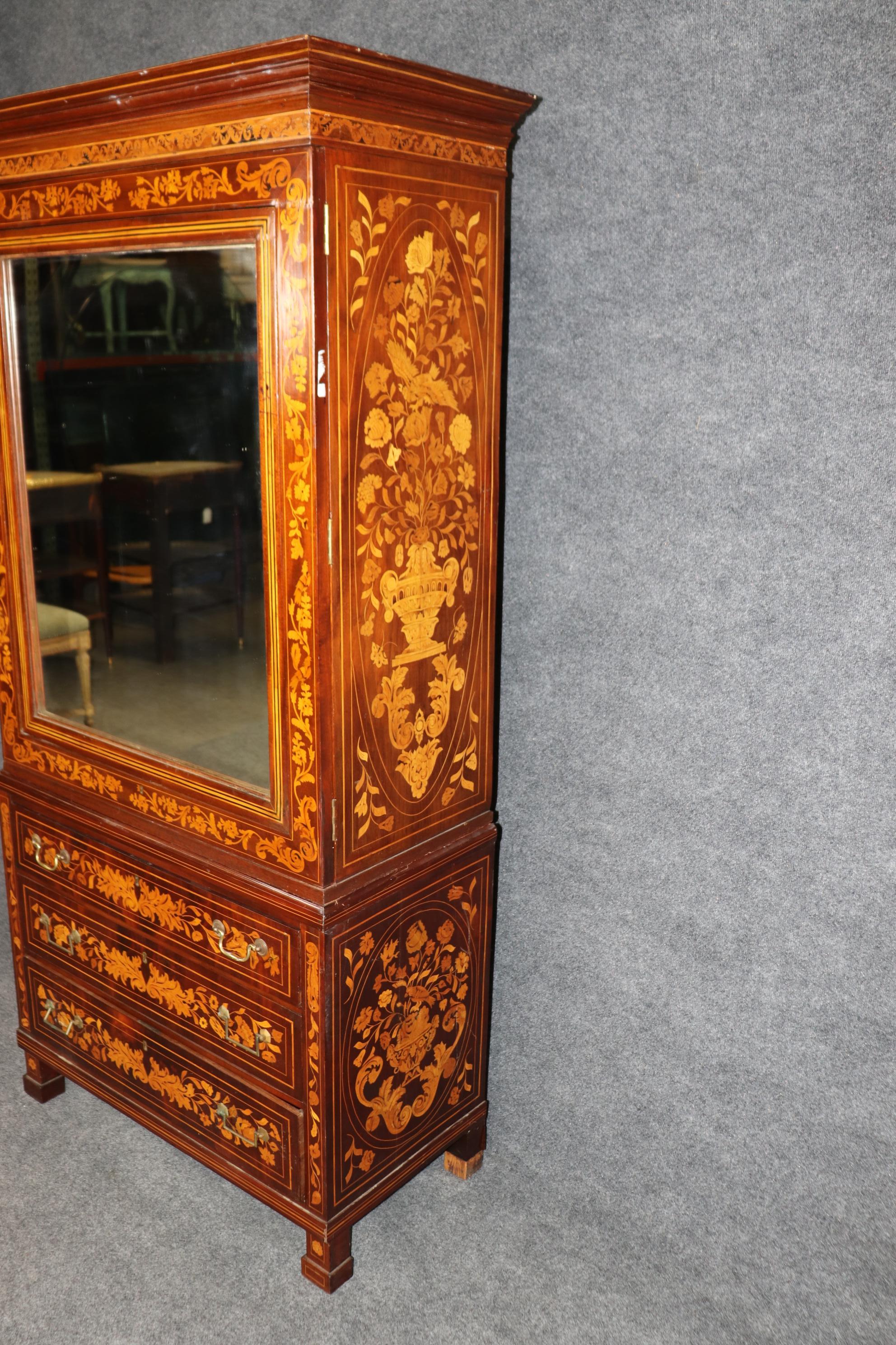 Raro escritorio antiguo de marquetería holandesa de dos piezas con puerta de espejo Holandés en venta