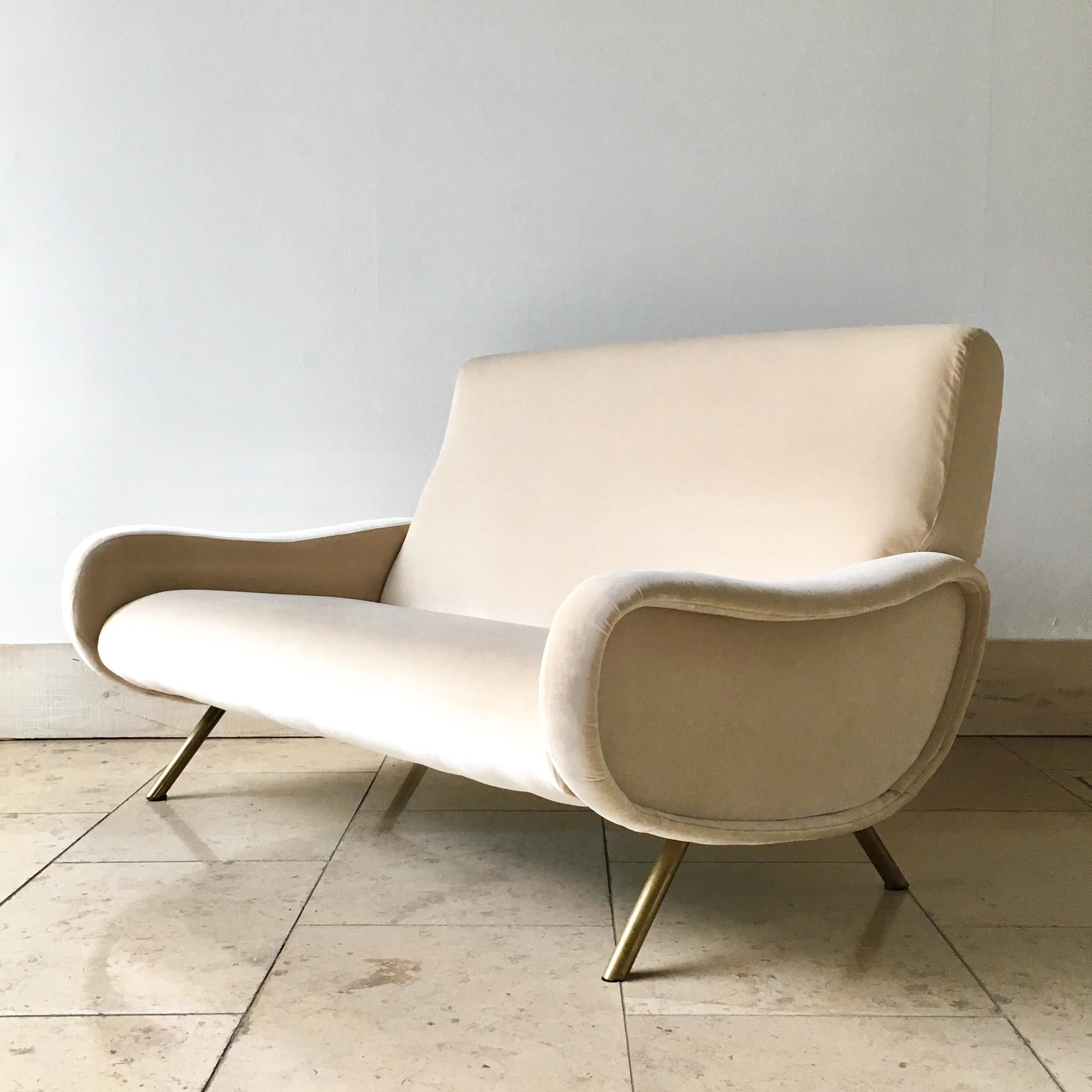 Rare authentic two-seat Marco Zanuso lady sofa, Arflex, France/Italy, 1960s. Reupholstered in ivory velvet.    Fast shipping worldwide - please contact us for options.