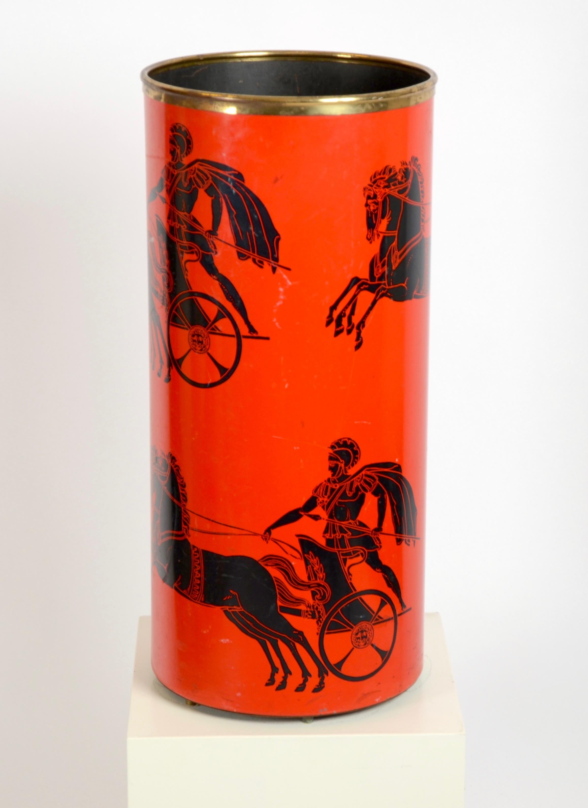 Piero Fornasetti umbrella stand “Bighe”. Lithographically printed metal and brass. Italy, circa 1960.

Marked: FORNASETTI MILANO, MADE IN ITALY. Gold label: MADE EXPRESSLY FOR OHLSSONS MALMÖ.