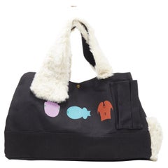 rare UNDERCOVER SKOLOKT black canvas faux fur plush handle oversized tote bag