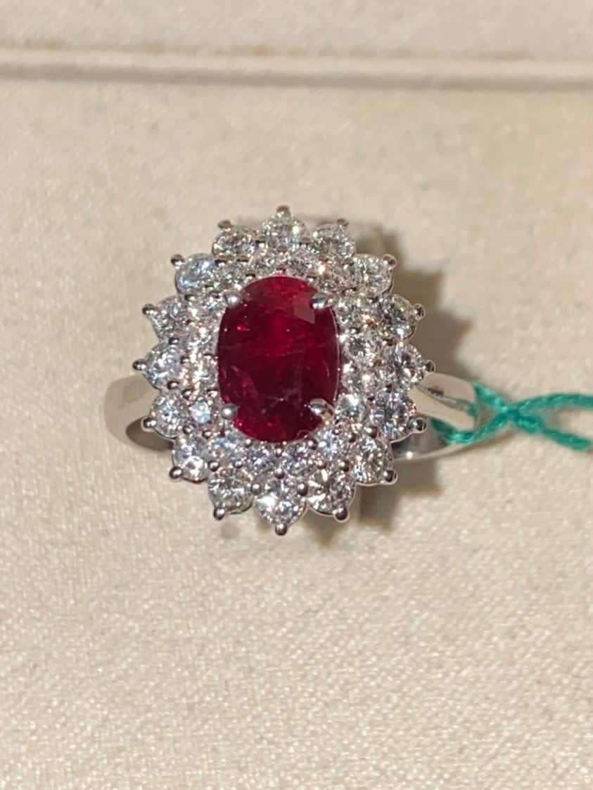 Women's Rare unheated AIGS certified  PIGEON BLOOD ruby  2, 12 ct and diamonds on ring  For Sale