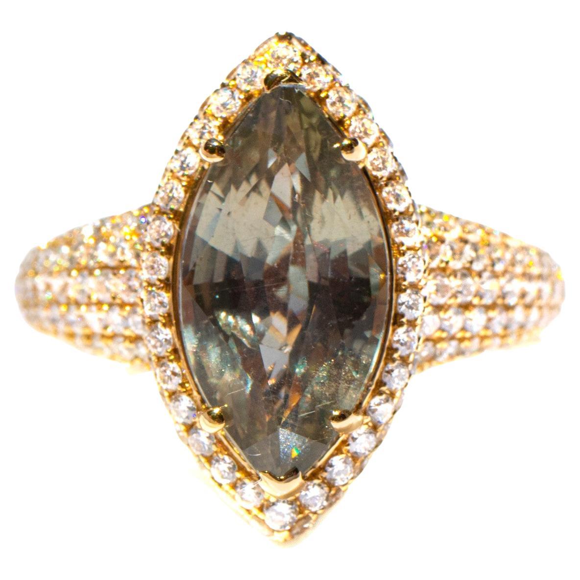 Rare Unheated Color-Change Sapphire & Diamond 18K Ring