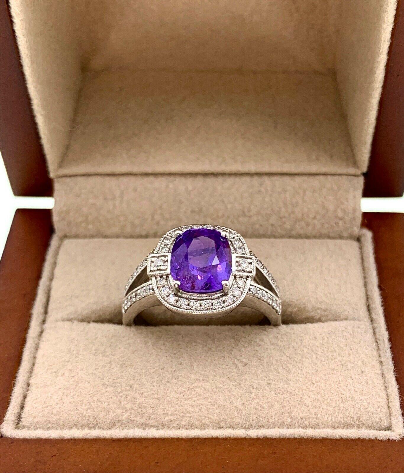 Rare Unheated Color Change Sapphire and Diamond 2.86 Carat Orianne Plat Ring GIA 4