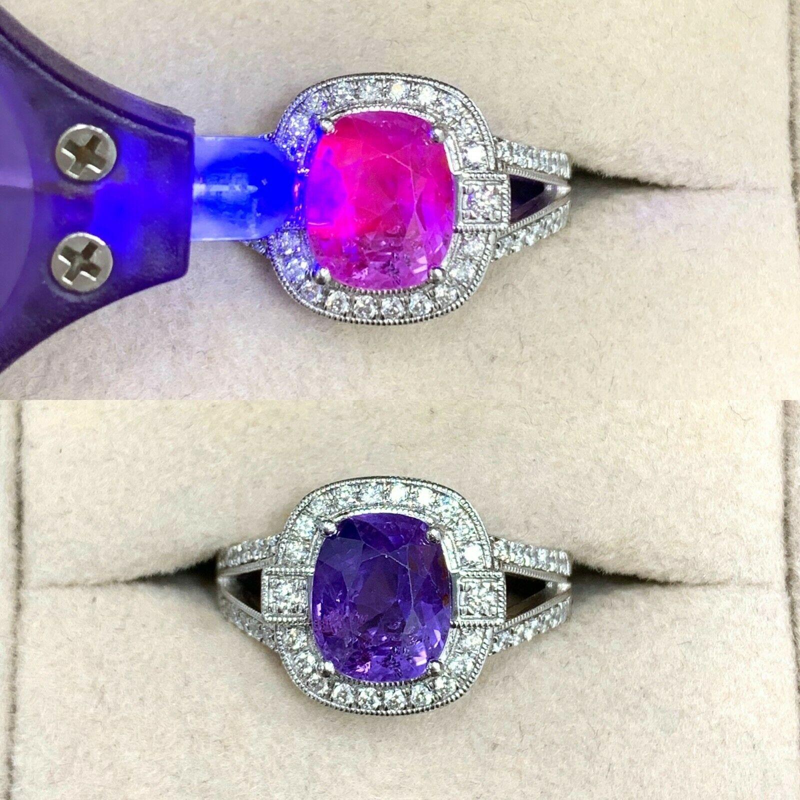 Cushion Cut Rare Unheated Color Change Sapphire and Diamond 2.86 Carat Orianne Plat Ring GIA