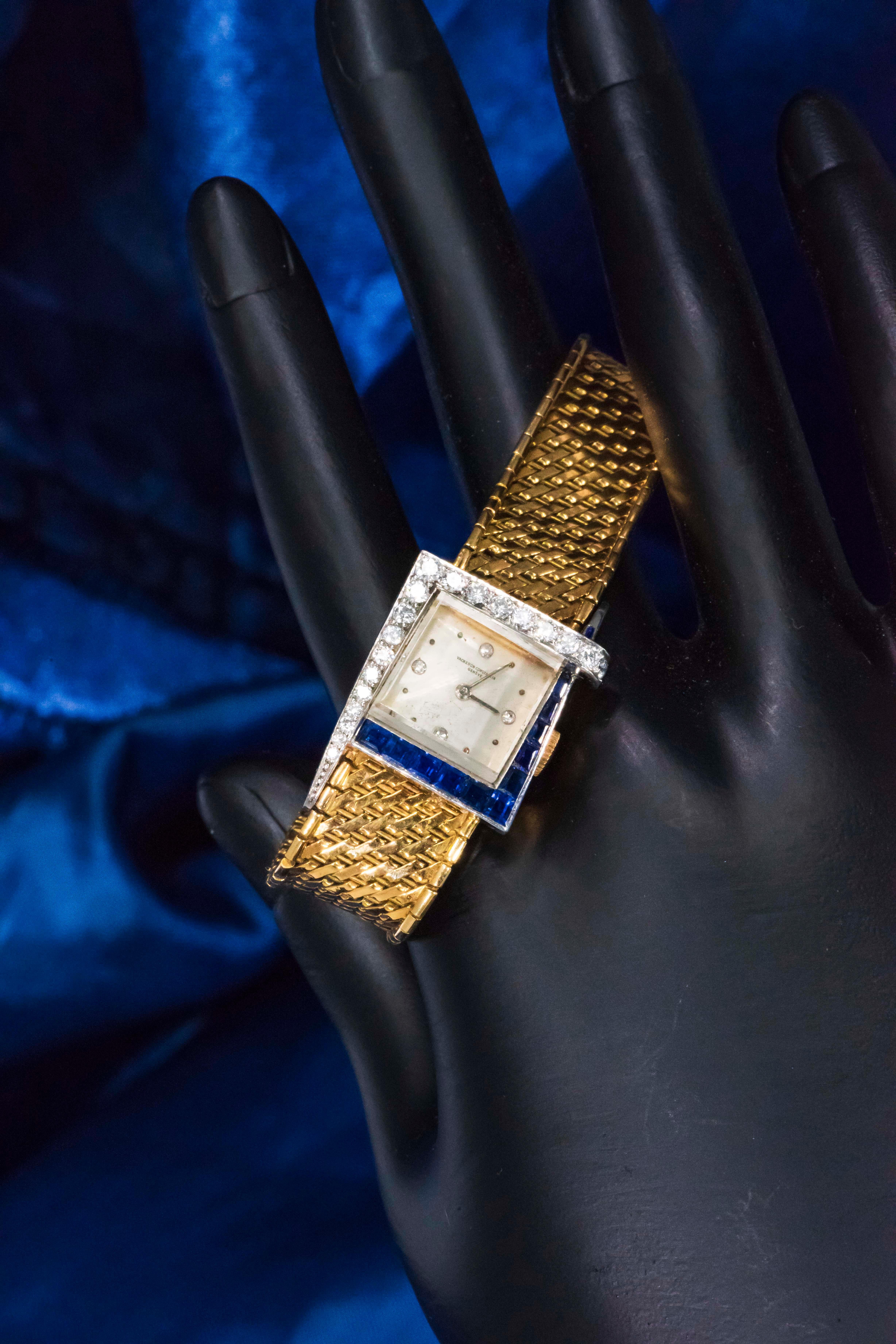 Emerald Cut 1960s 18Kt Vacheron Constantin Asymmetrical Sapphire Diamond Wristwatch