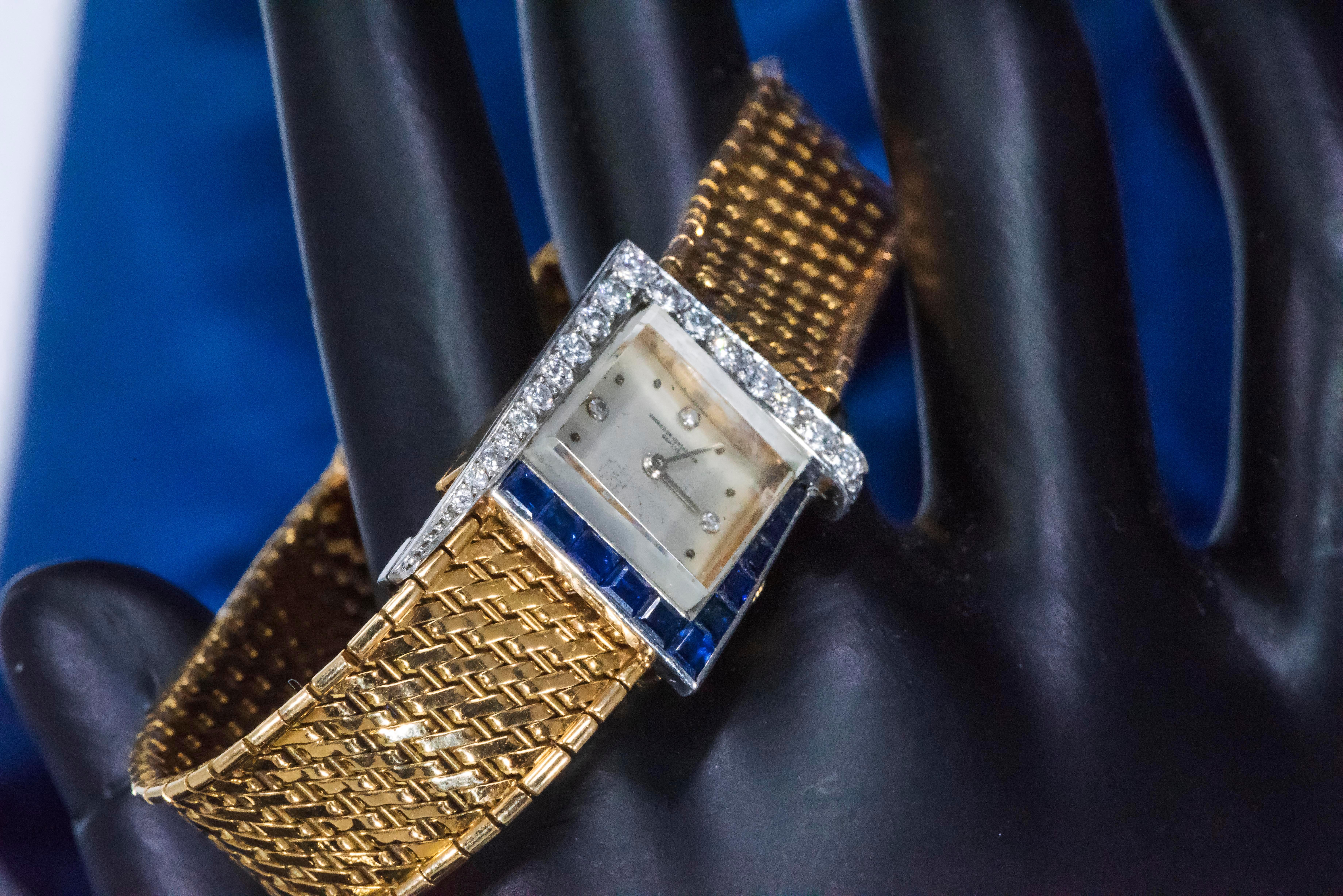 1960s 18Kt Vacheron Constantin Asymmetrical Sapphire Diamond Wristwatch In Good Condition In New york, NY