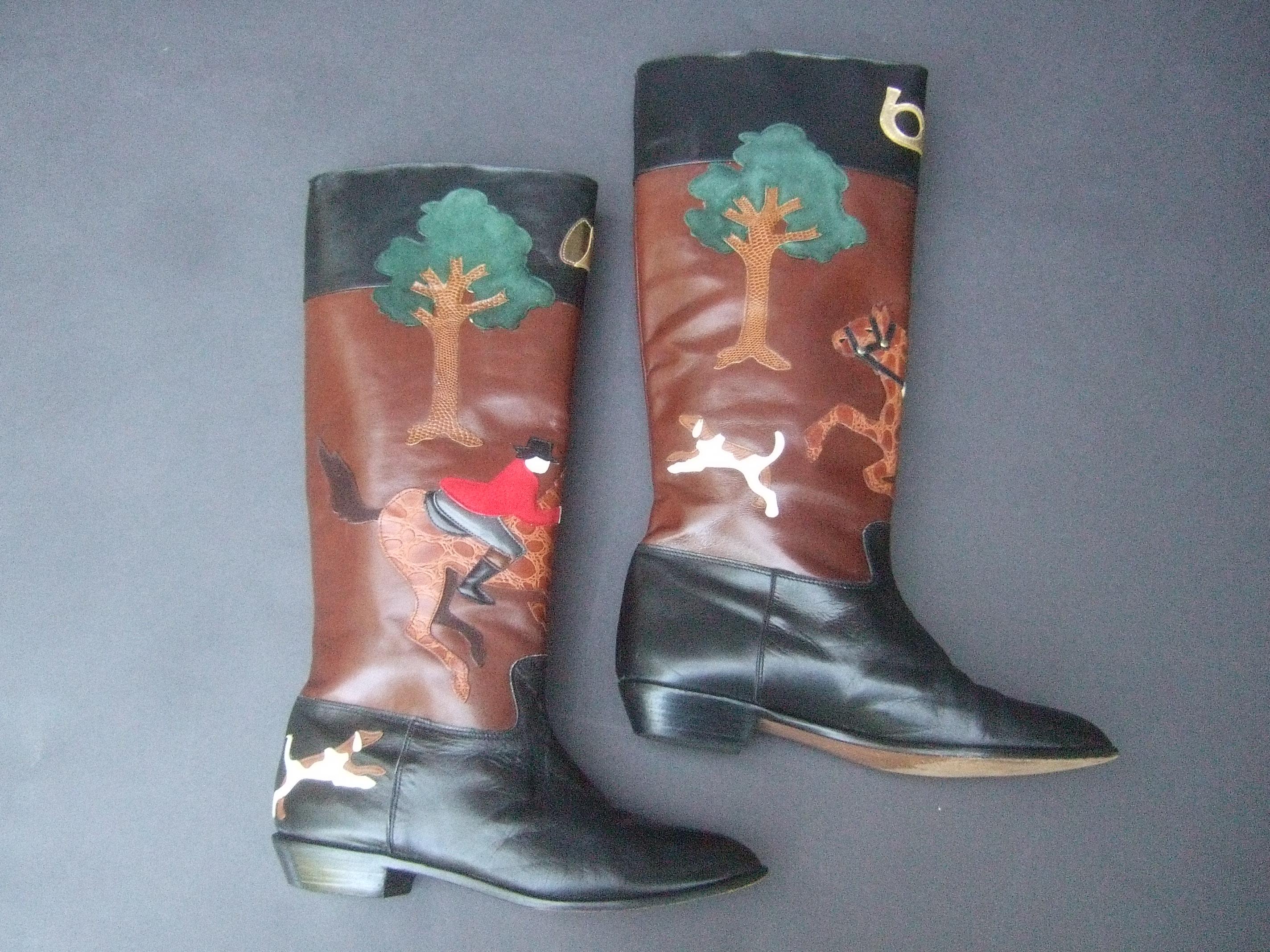 Rare Unique Hunt Scene Leather & Suede Appliqué Boots US Size 9 M c 1990 4
