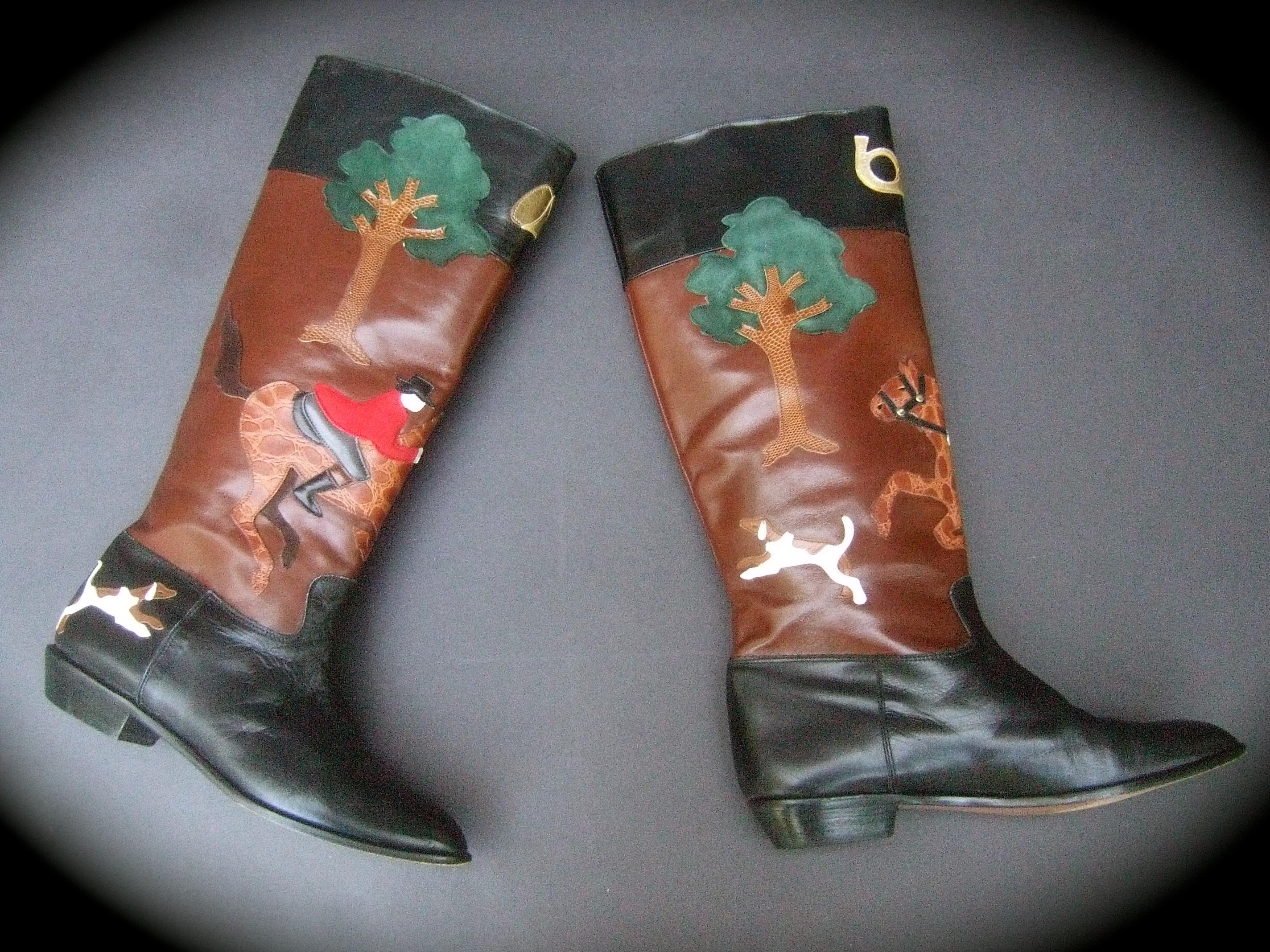 Rare Unique Hunt Scene Leather & Suede Appliqué Boots US Size 9 M c 1990 1