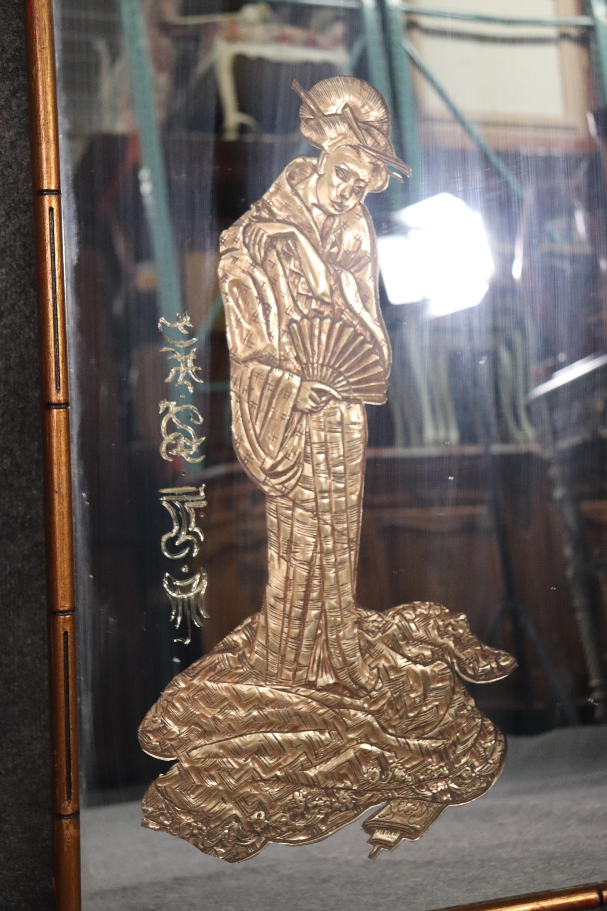 Rare Unique Pair Etched Figures Signed Chinese Faux Bamboo Gilded Mirrors  In Good Condition In Swedesboro, NJ
