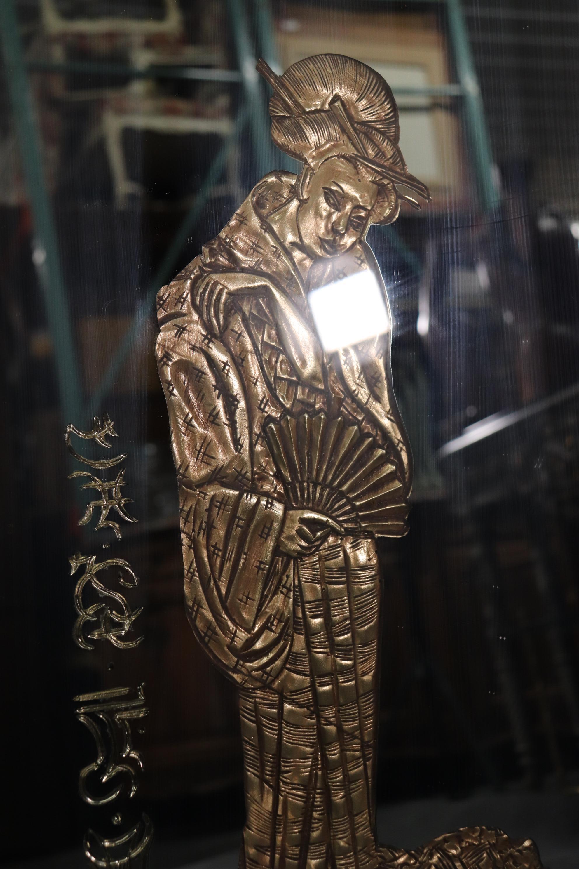 Late 20th Century Rare Unique Pair Etched Figures Signed Chinese Faux Bamboo Gilded Mirrors 