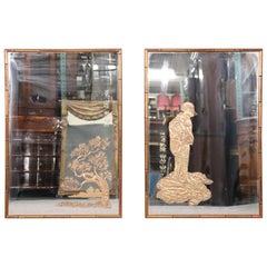 Rare Unique Pair Etched Figures Signed Chinese Faux Bamboo Gilded Mirrors