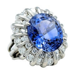 Rare Untreated 16.27 Carat Oval Cut Ceylon Sapphire and Double Diamond Halo Ring
