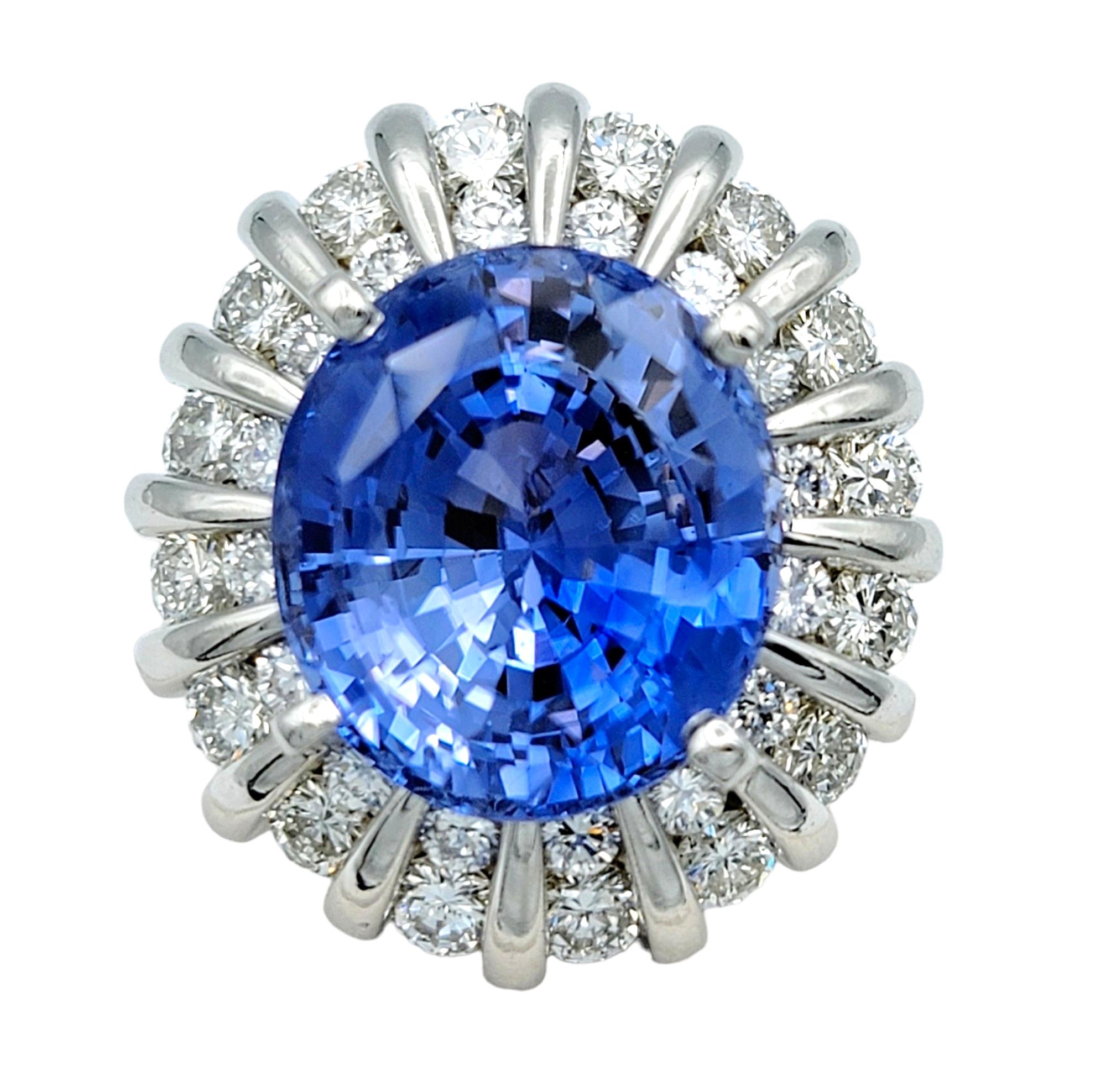 Contemporary Rare Untreated 16.27 Carat Oval Cut Ceylon Sapphire and Double Diamond Halo Ring For Sale