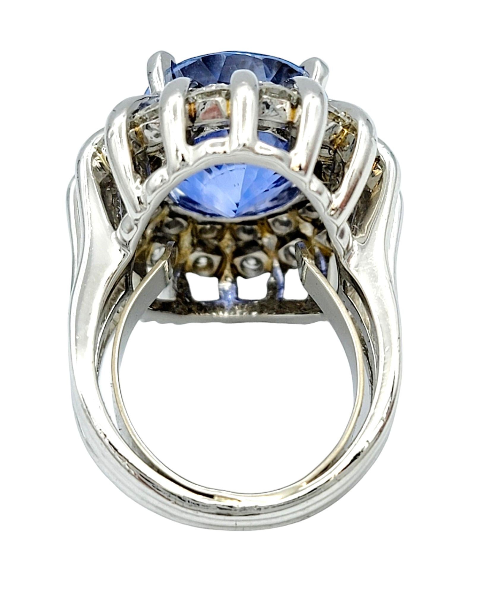Rare Untreated 16.27 Carat Oval Cut Ceylon Sapphire and Double Diamond Halo Ring For Sale 2
