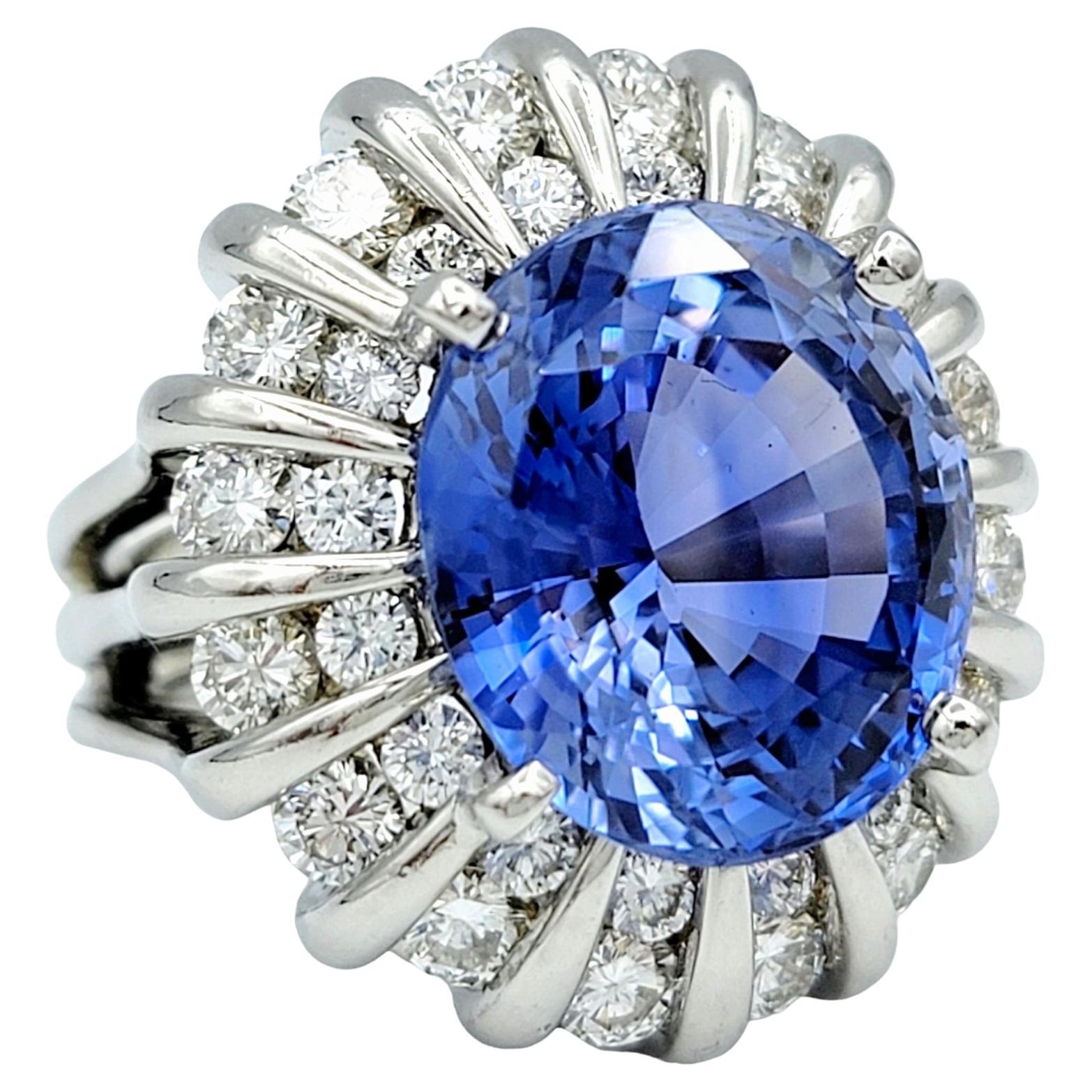 Rare Untreated 16.27 Carat Oval Cut Ceylon Sapphire and Double Diamond Halo Ring For Sale