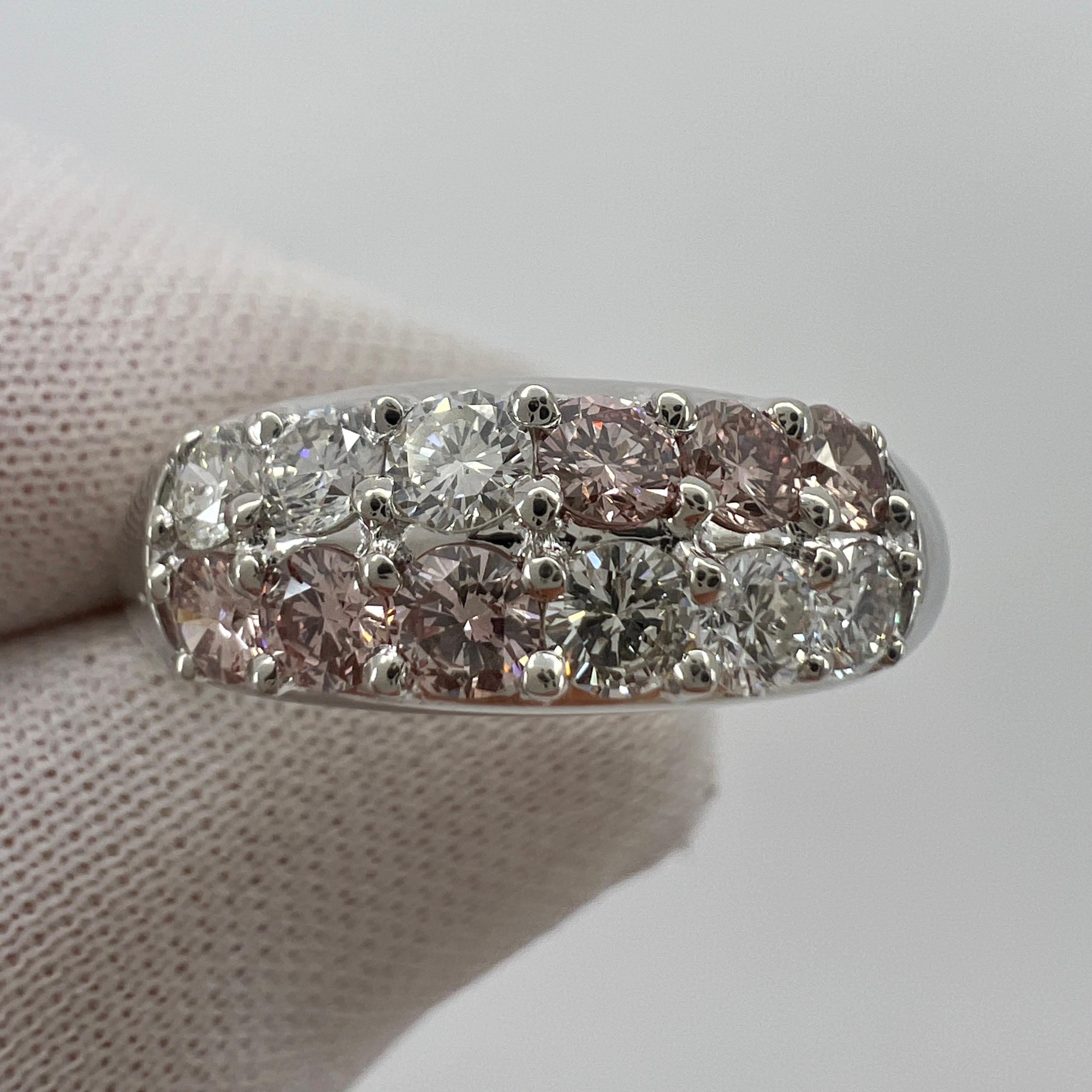 Rare Untreated Fancy Pink & White Diamond Round Cut Platinum Eternity Band Ring For Sale 1