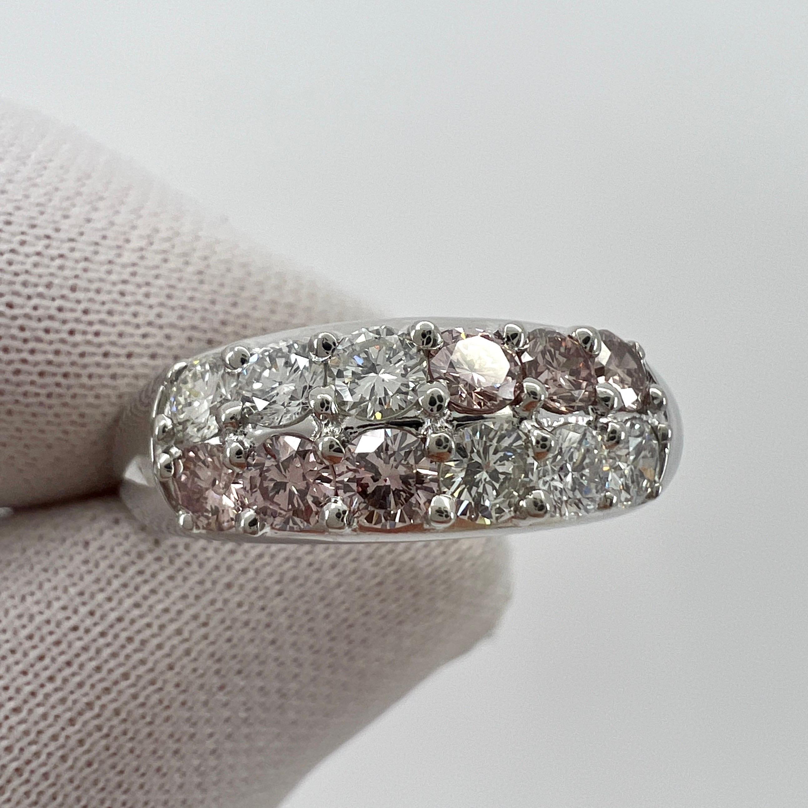 Rare Untreated Fancy Pink & White Diamond Round Cut Platinum Eternity Band Ring For Sale 2