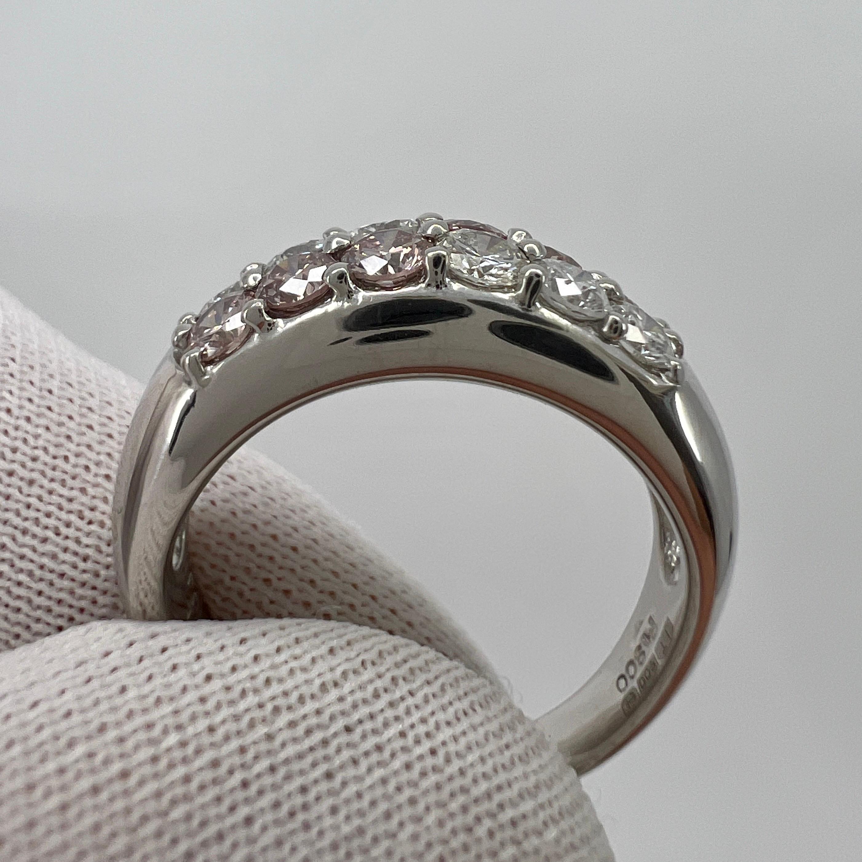 Rare Untreated Fancy Pink & White Diamond Round Cut Platinum Eternity Band Ring For Sale 3