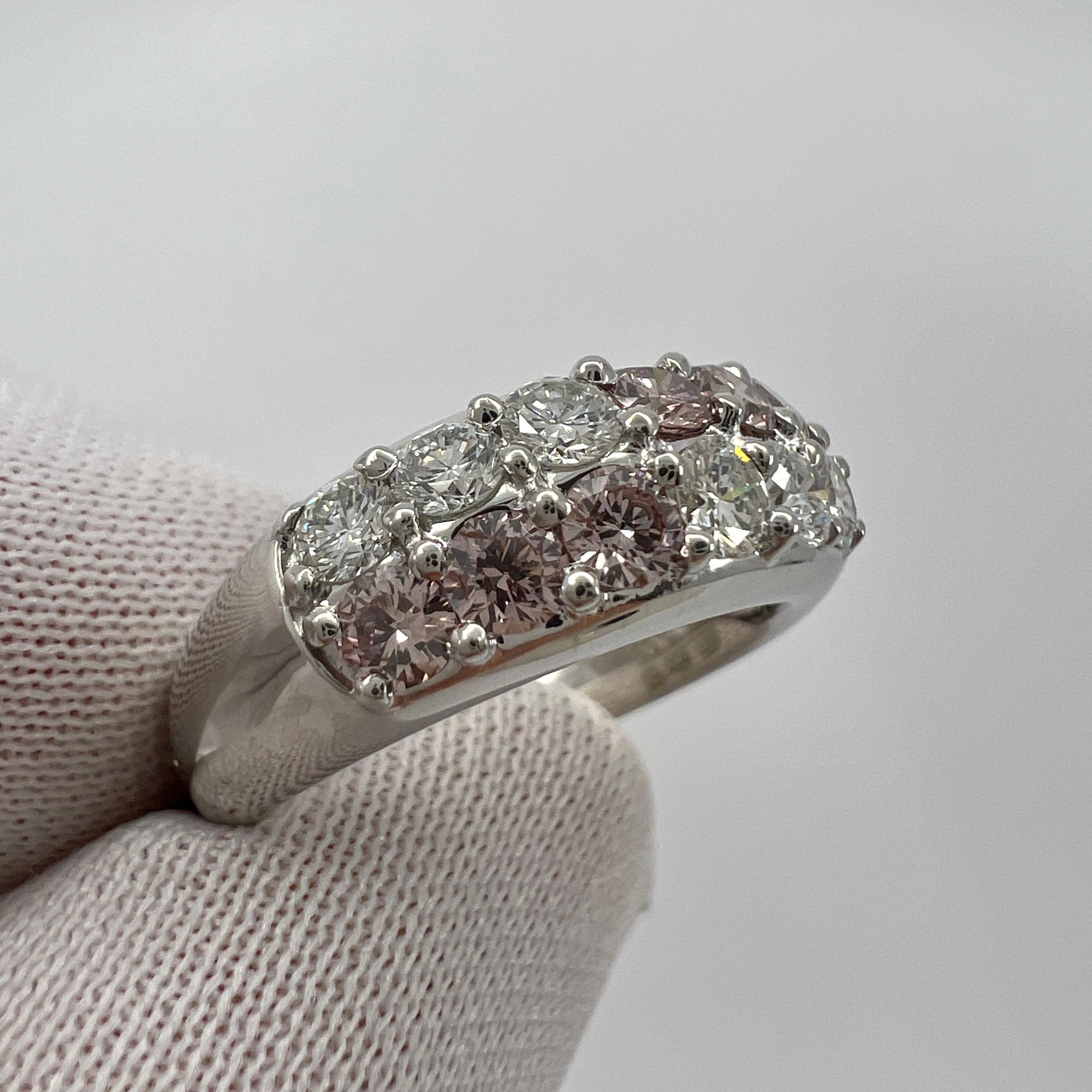Rare Untreated Fancy Pink & White Diamond Round Cut Platinum Eternity Band Ring For Sale 4